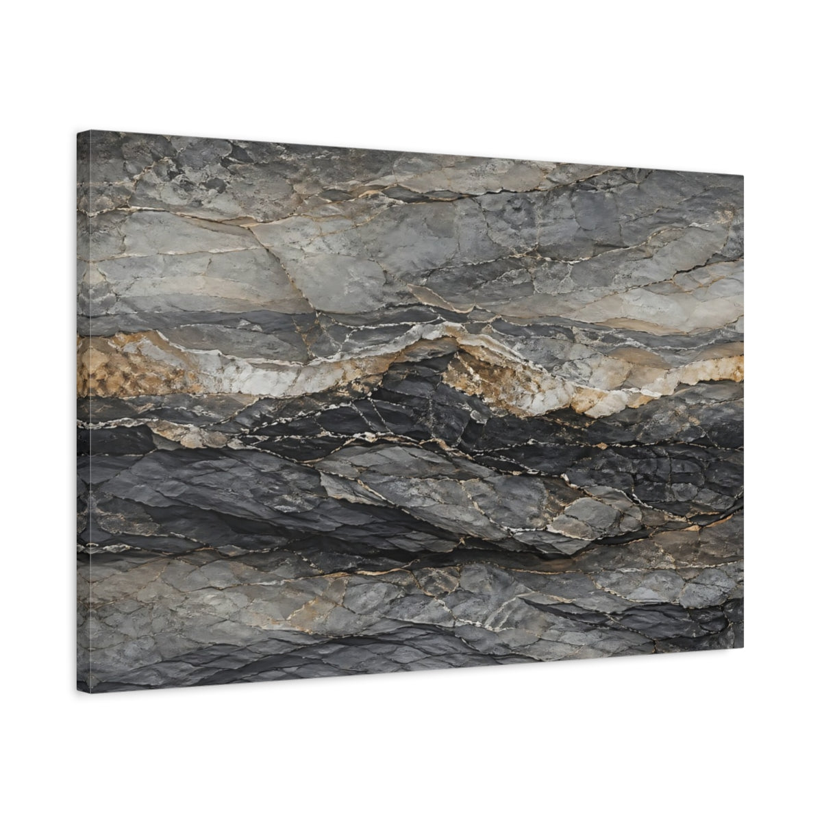 Side Mockup 2. Nature Rock Formation Grey And Gold shown as stretched canvas wall art