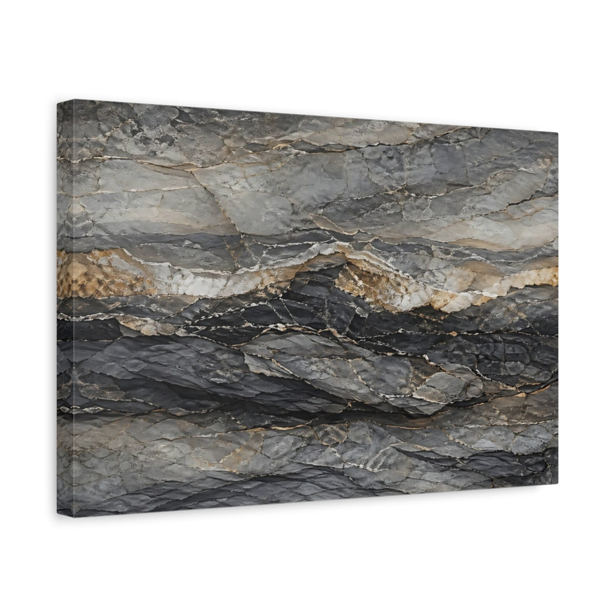 Side Mockup 4. Nature Rock Formation Grey And Gold shown as stretched canvas wall art