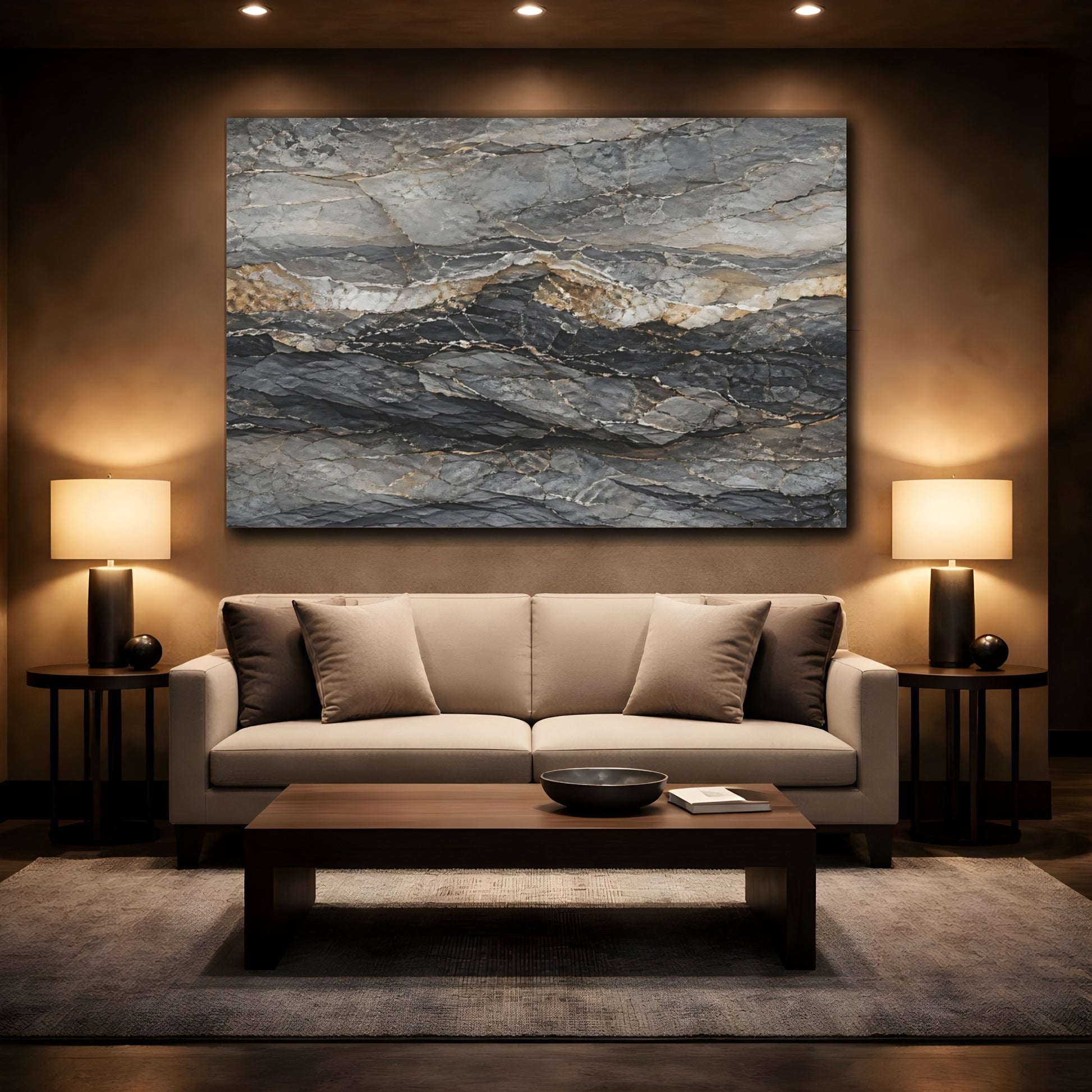 Mockup 2. Nature Rock Formation Grey And Gold shown as stretched canvas wall art