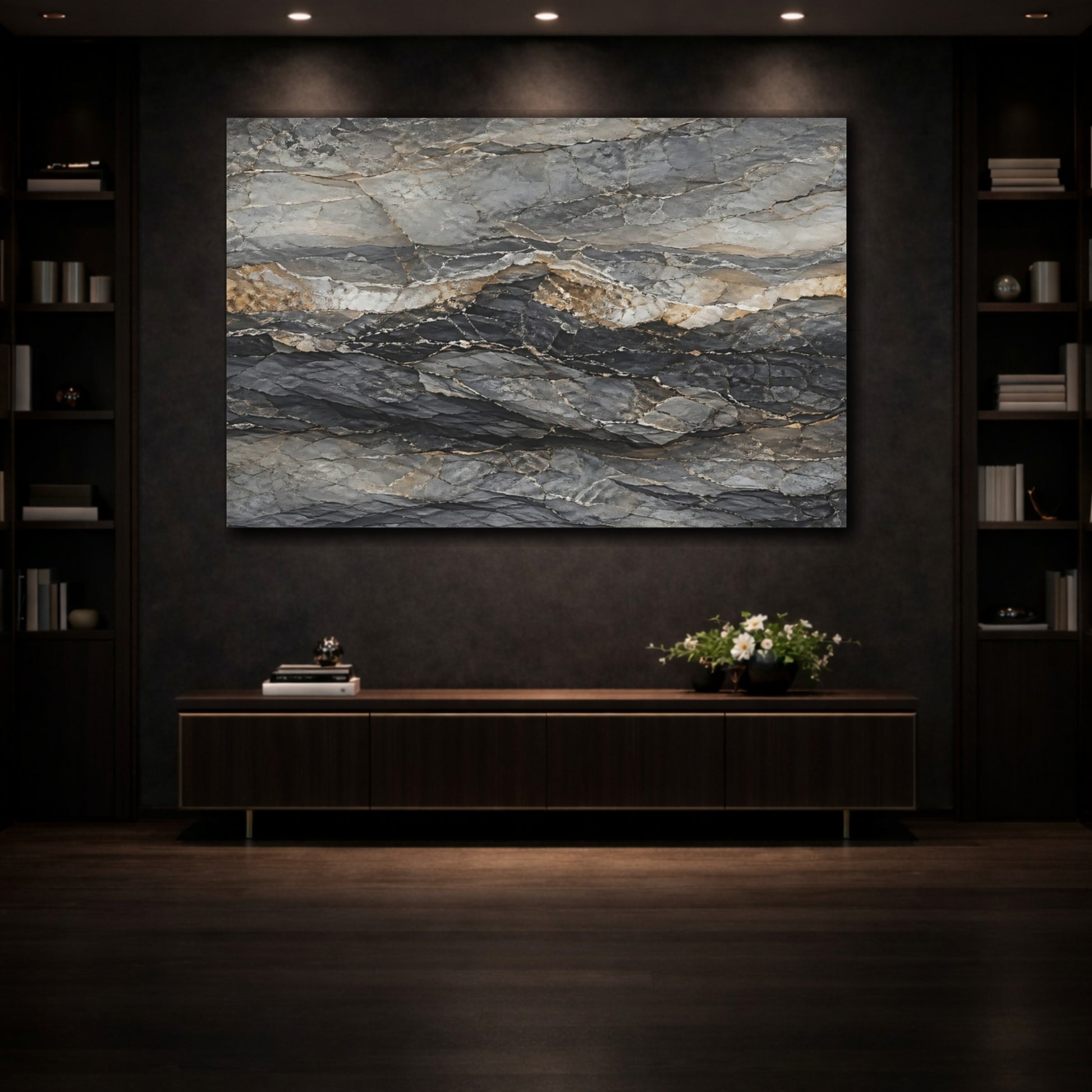 Mockup 3. Nature Rock Formation Grey And Gold shown as stretched canvas wall art