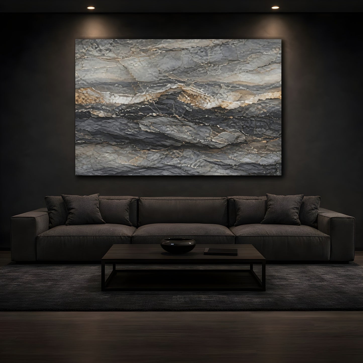 Mockup 4. Nature Rock Formation Grey And Gold shown as stretched canvas wall art