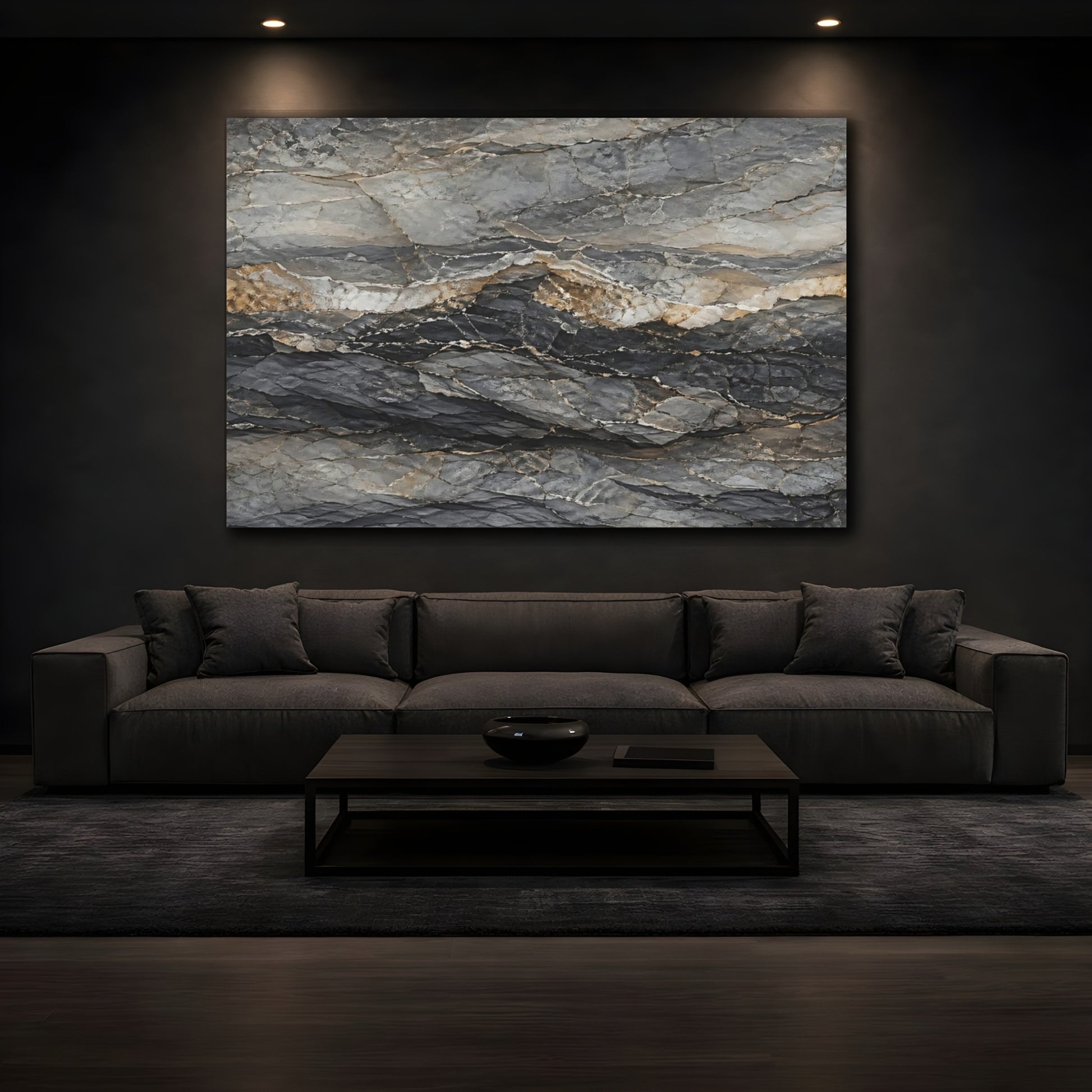 Mockup 4. Nature Rock Formation Grey And Gold shown as stretched canvas wall art