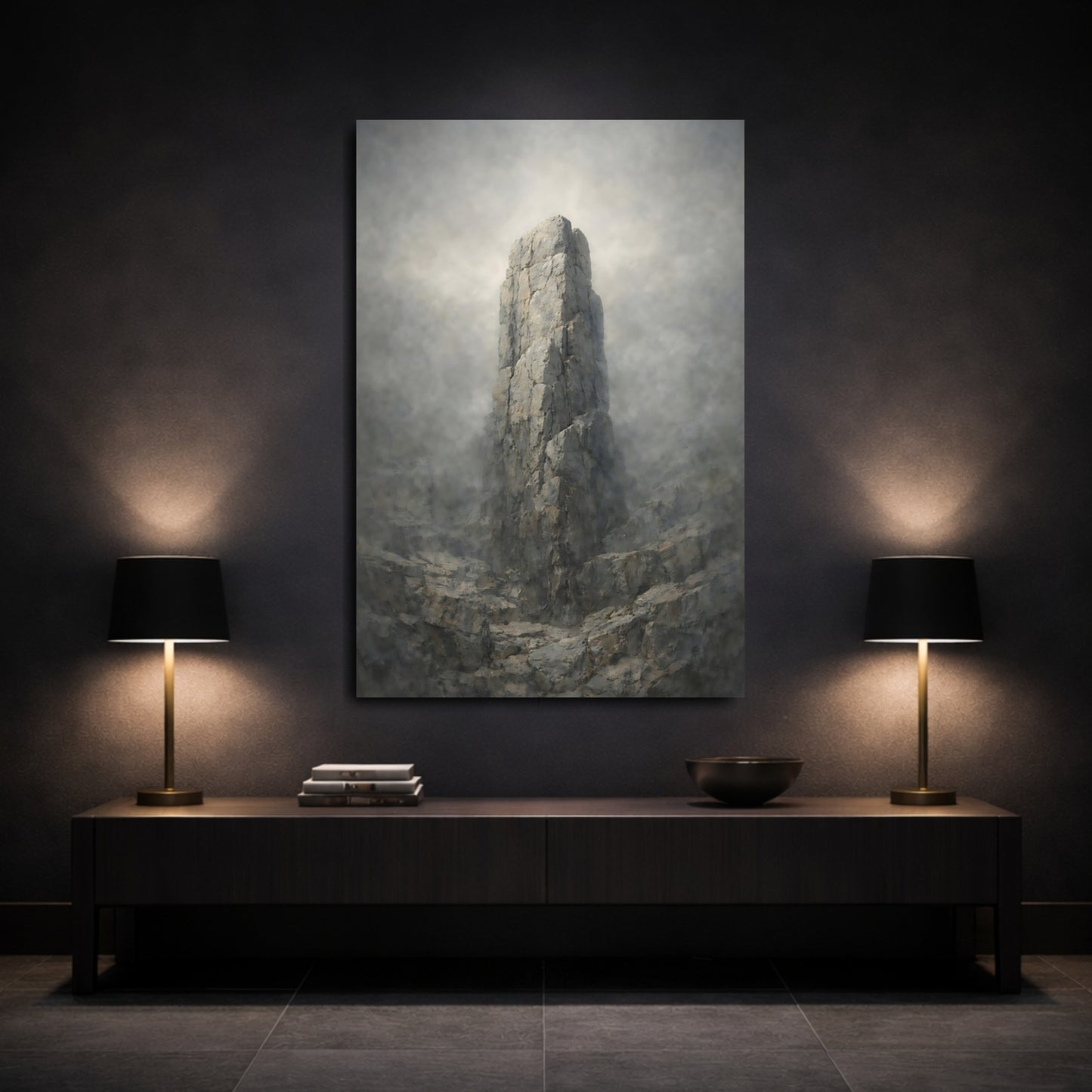 Mockup 2. Nature Rock Formation Misty Grey shown as stretched canvas wall art
