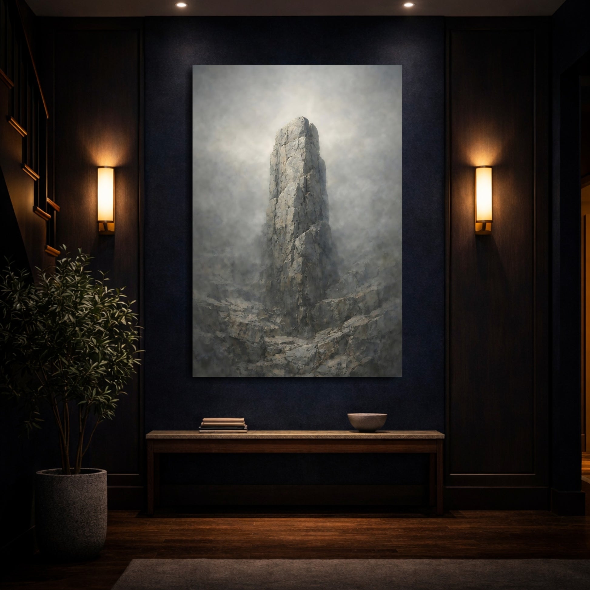 Mockup 3. Nature Rock Formation Misty Grey shown as stretched canvas wall art