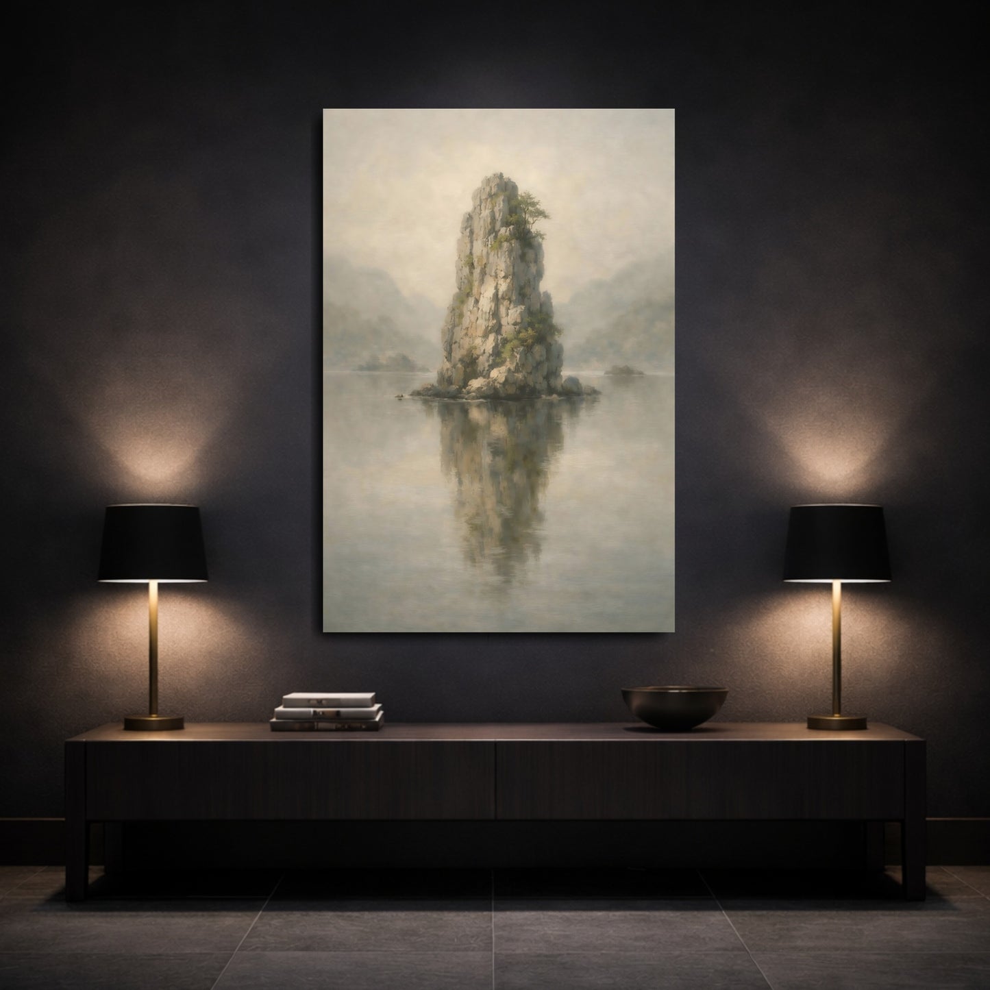 Mockup 2. Nature Rock Formation Misty Landscape shown as stretched canvas wall art