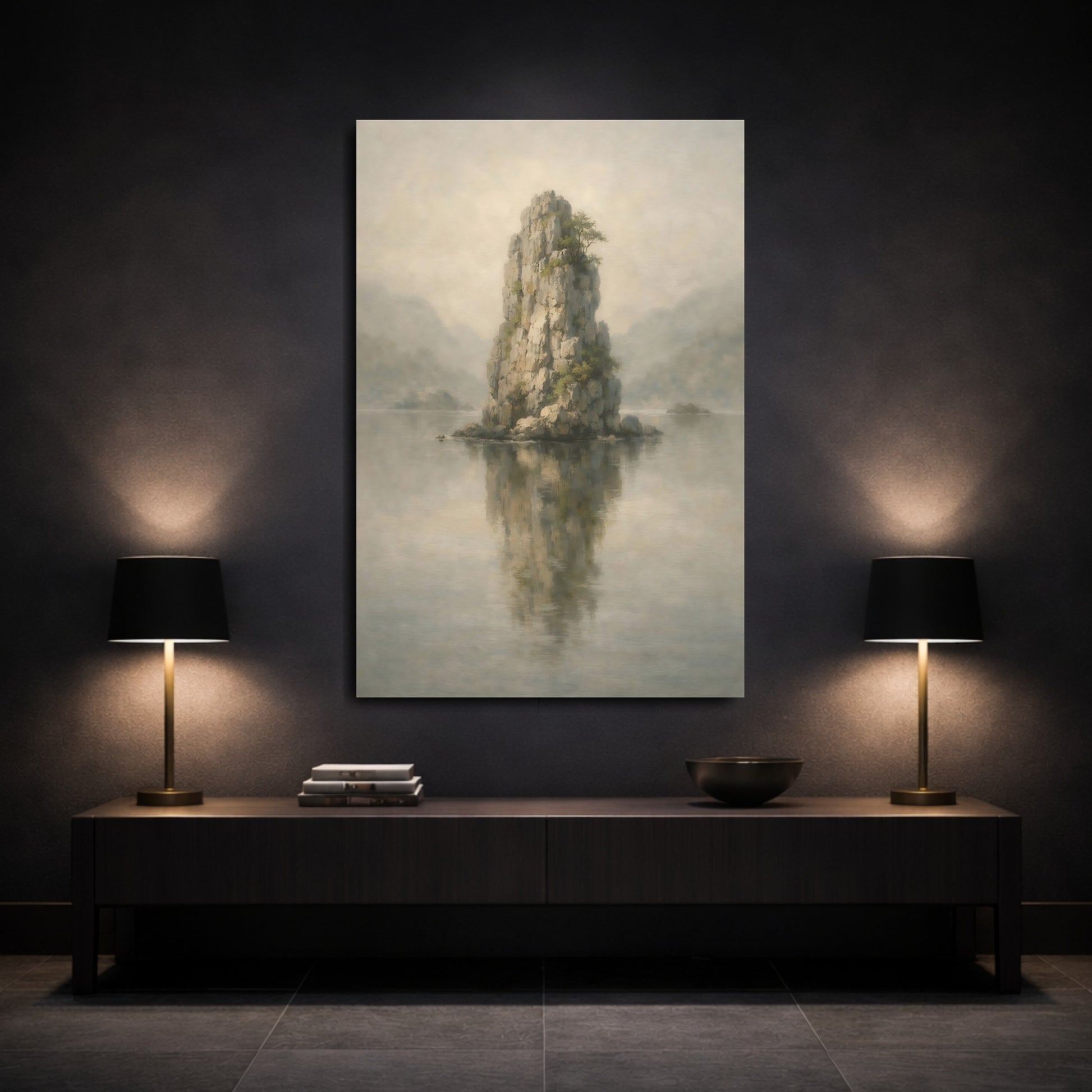 Mockup 2. Nature Rock Formation Misty Landscape shown as stretched canvas wall art