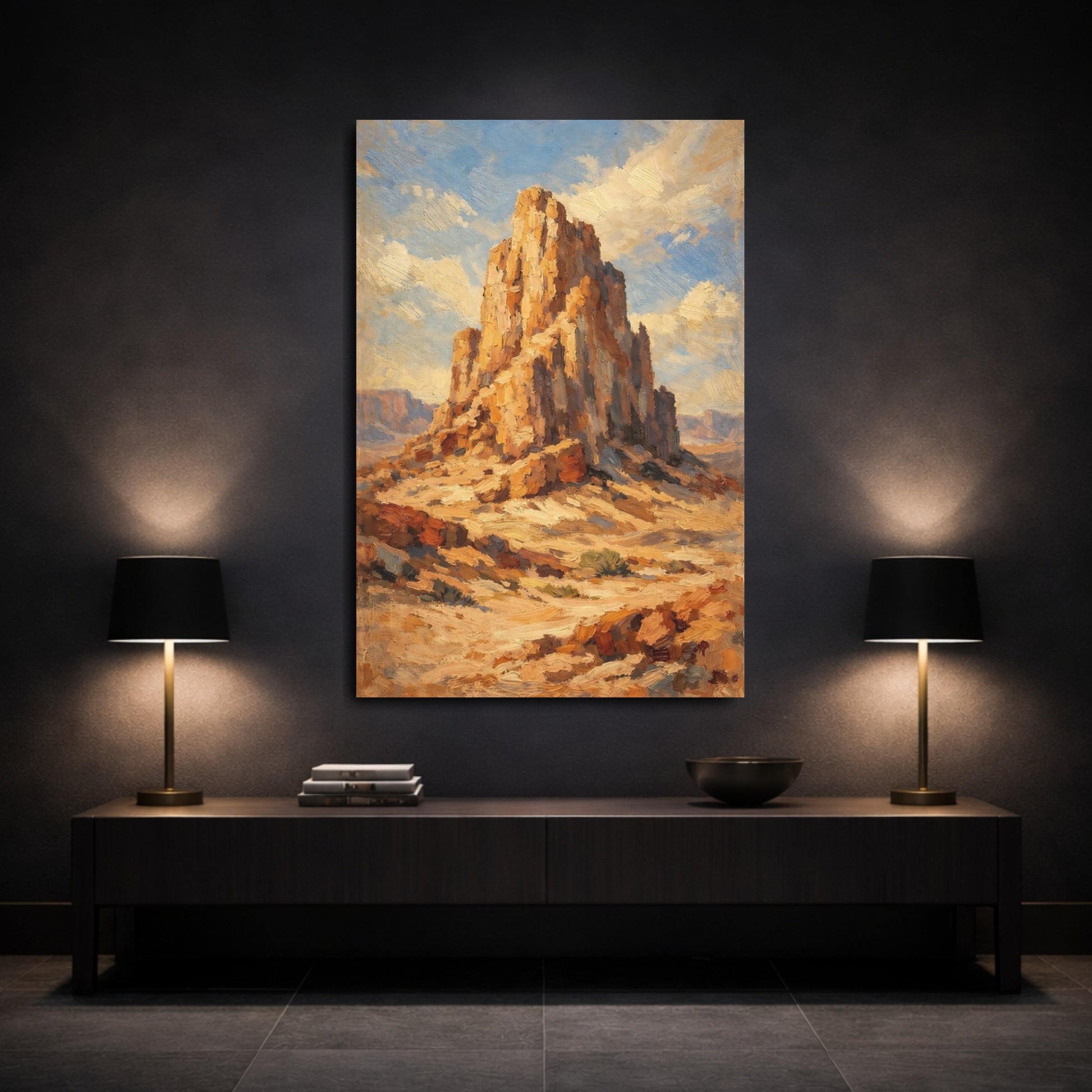 Mockup 2. Nature Rock Formation Orange And Blue shown as stretched canvas wall art