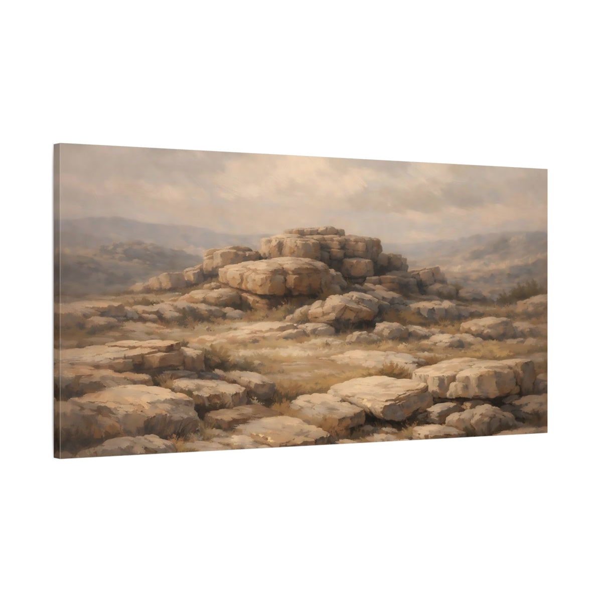 Main Mockup. Nature Rock Formations Brown And Grey Rocks shown as stretched canvas wall art