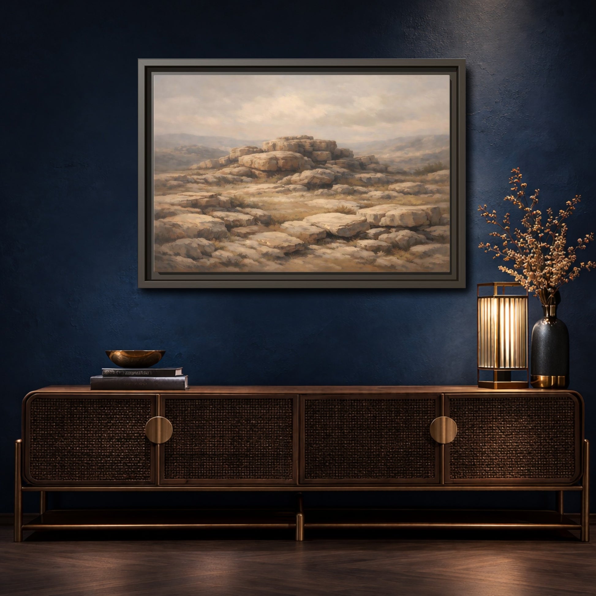 Mockup 4. Nature Rock Formations Earthy Brown Landscape shown as stretched canvas wall art
