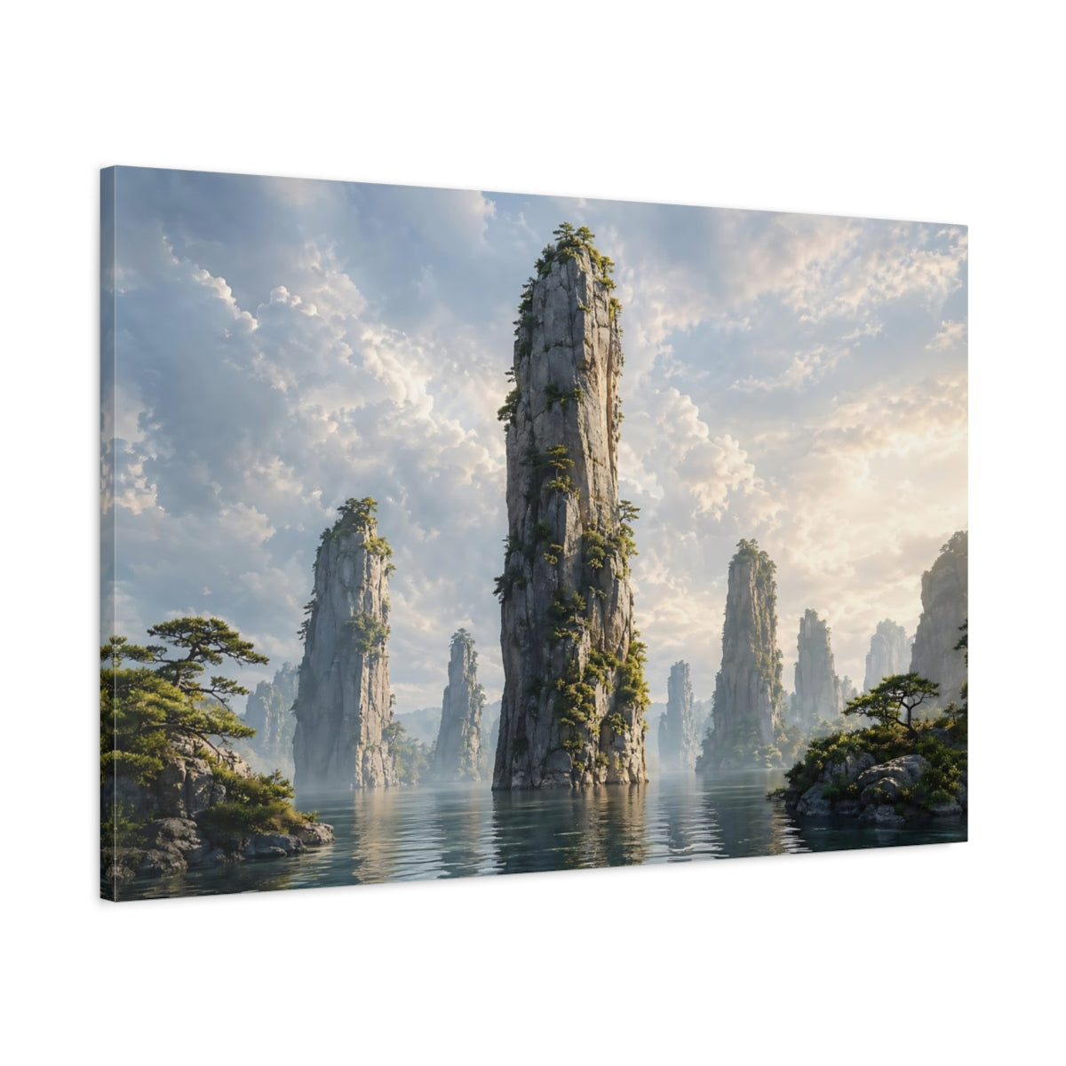 Main Mockup. Nature Rock Formations Misty Mountain Landscape shown as stretched canvas wall art