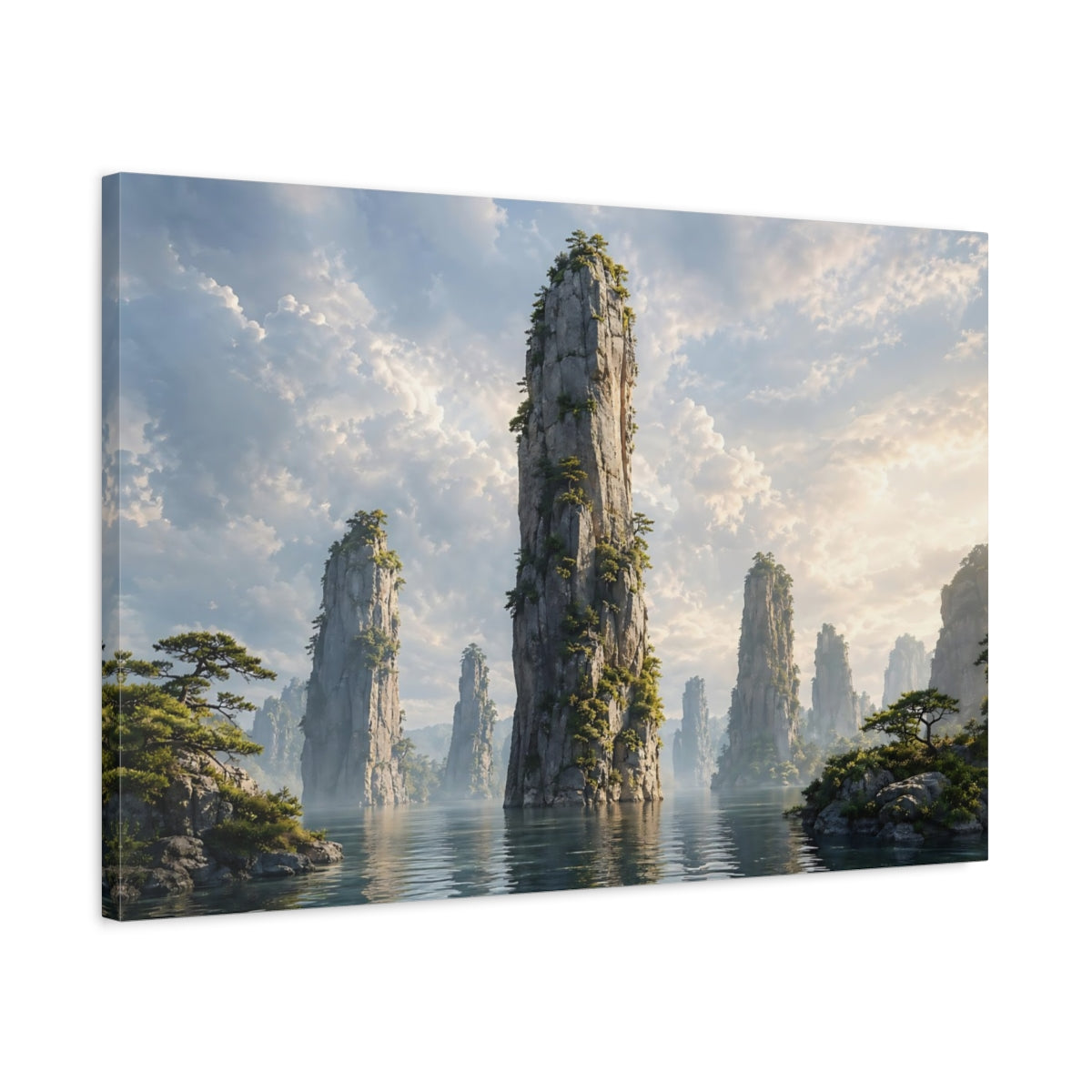 Side Mockup 2. Nature Rock Formations Misty Mountain Landscape shown as stretched canvas wall art