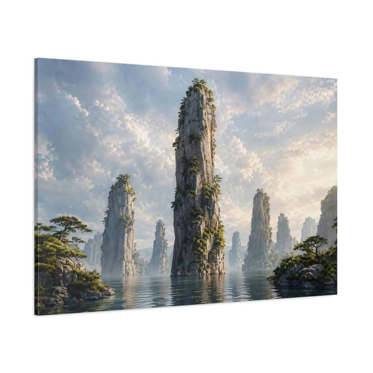 Side Mockup 1. Nature Rock Formations Misty Mountain Landscape shown as stretched canvas wall art