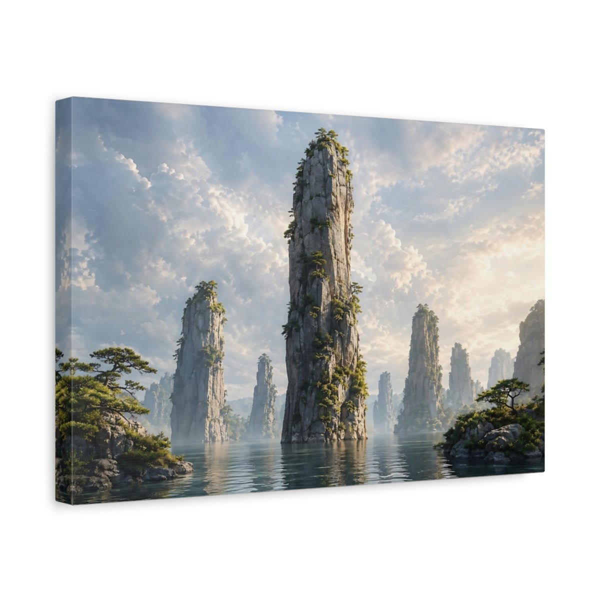 Side Mockup 4. Nature Rock Formations Misty Mountain Landscape shown as stretched canvas wall art