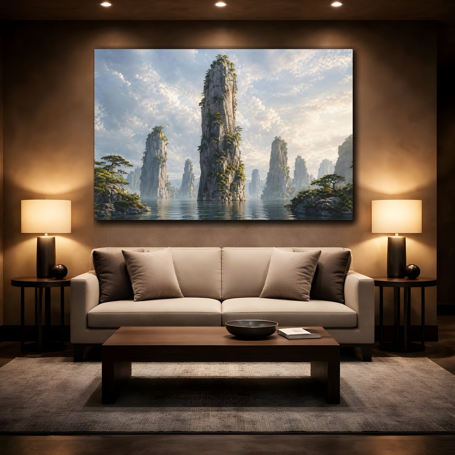 Mockup 2. Nature Rock Formations Misty Mountain Landscape shown as stretched canvas wall art
