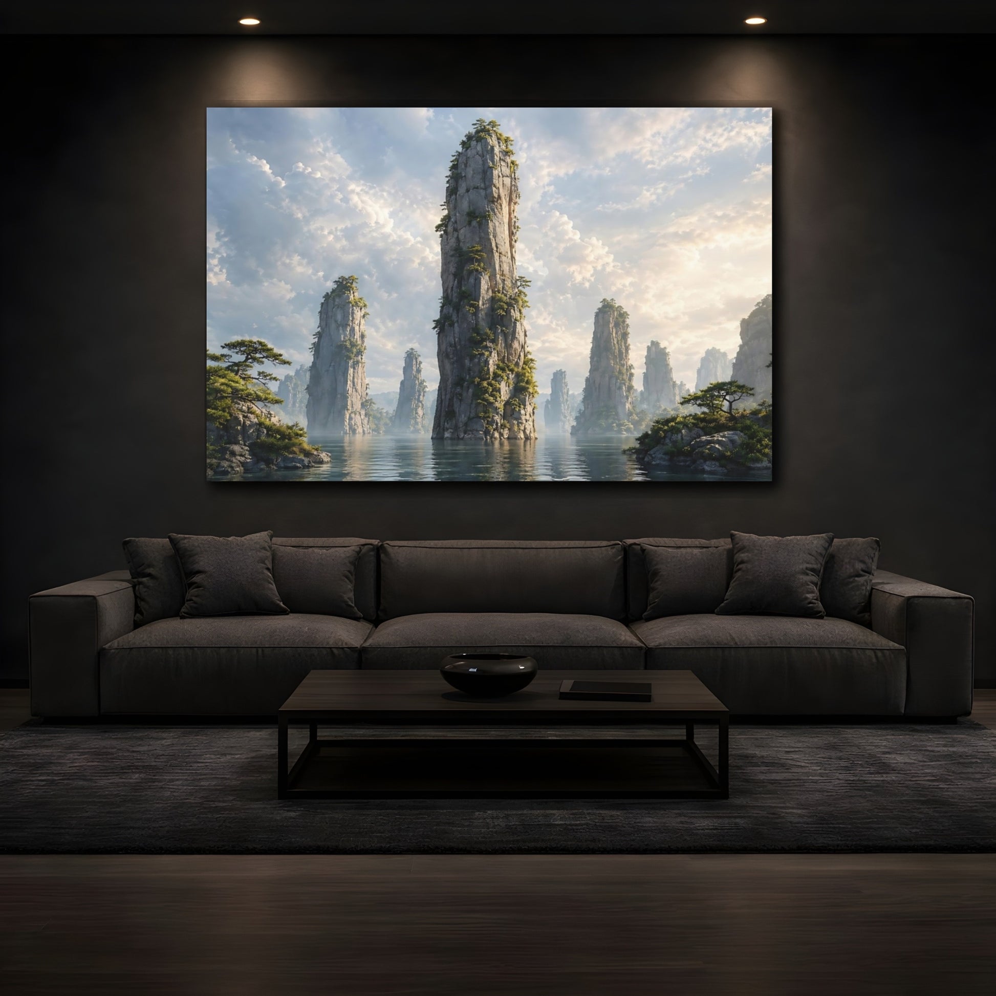 Mockup 3. Nature Rock Formations Misty Mountain Landscape shown as stretched canvas wall art