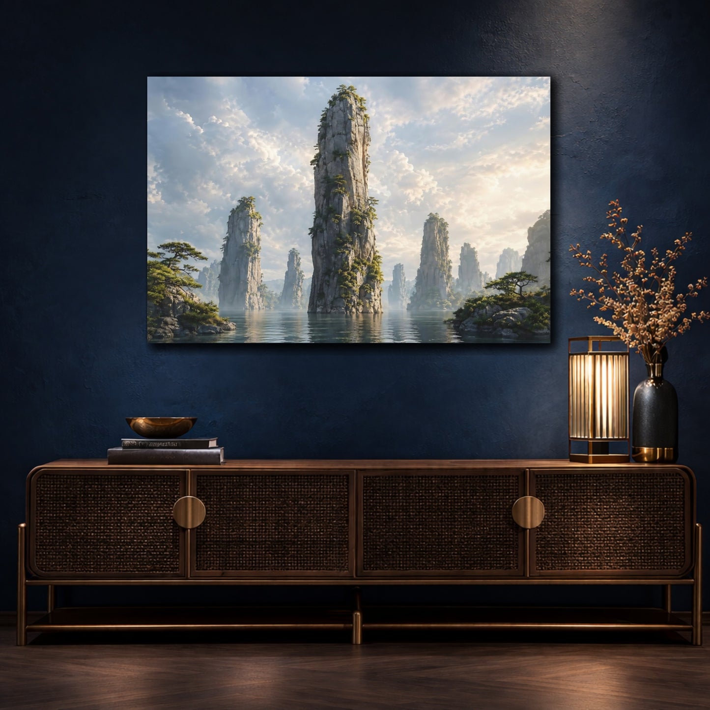Mockup 4. Nature Rock Formations Misty Mountain Landscape shown as stretched canvas wall art