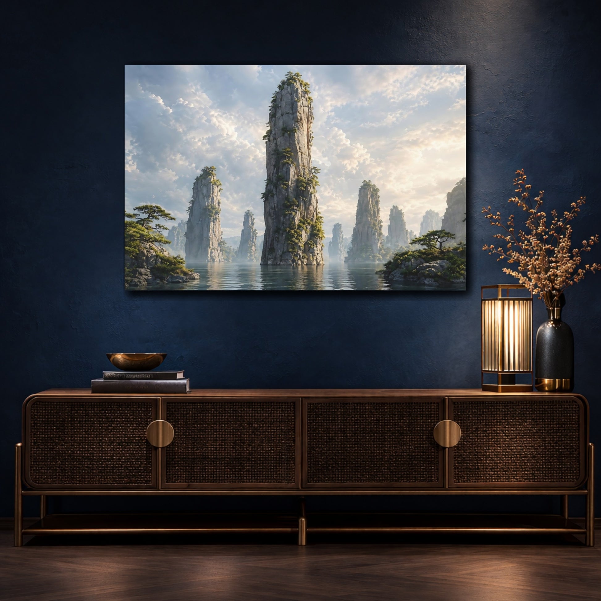 Mockup 4. Nature Rock Formations Misty Mountain Landscape shown as stretched canvas wall art