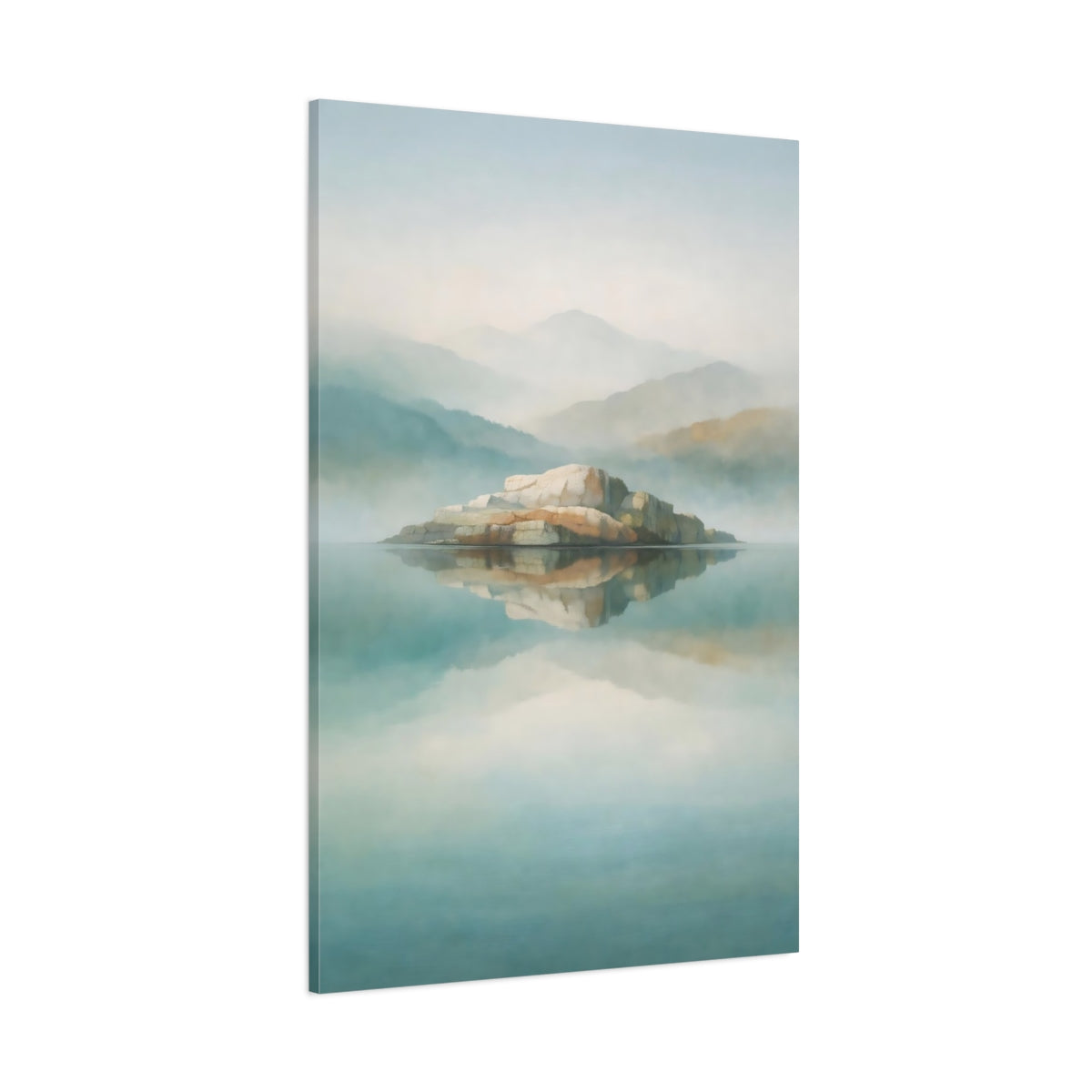 Nature Rock Island Misty Island Lake shown as stretched canvas wall art