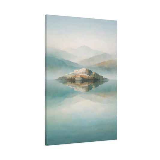 Nature Rock Island Misty Island Lake shown as stretched canvas wall art