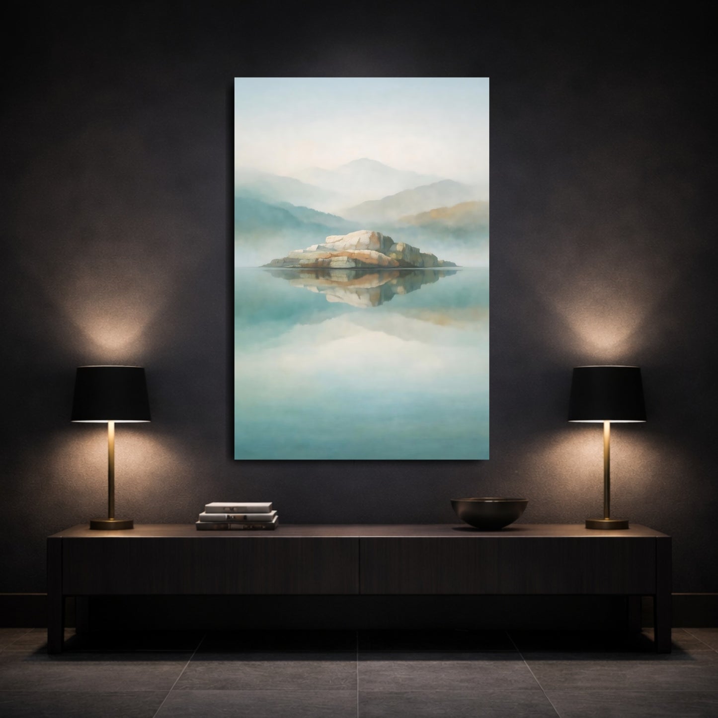 Nature Rock Island Misty Island Lake shown as front canvas room wall art