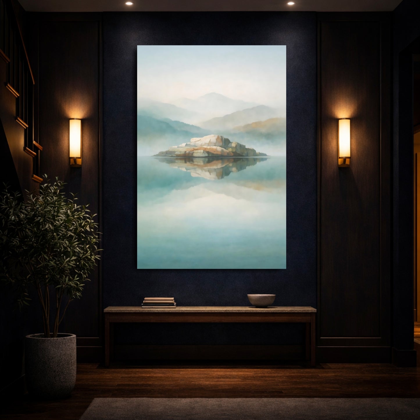 Nature Rock Island Misty Island Lake shown as front canvas room wall art