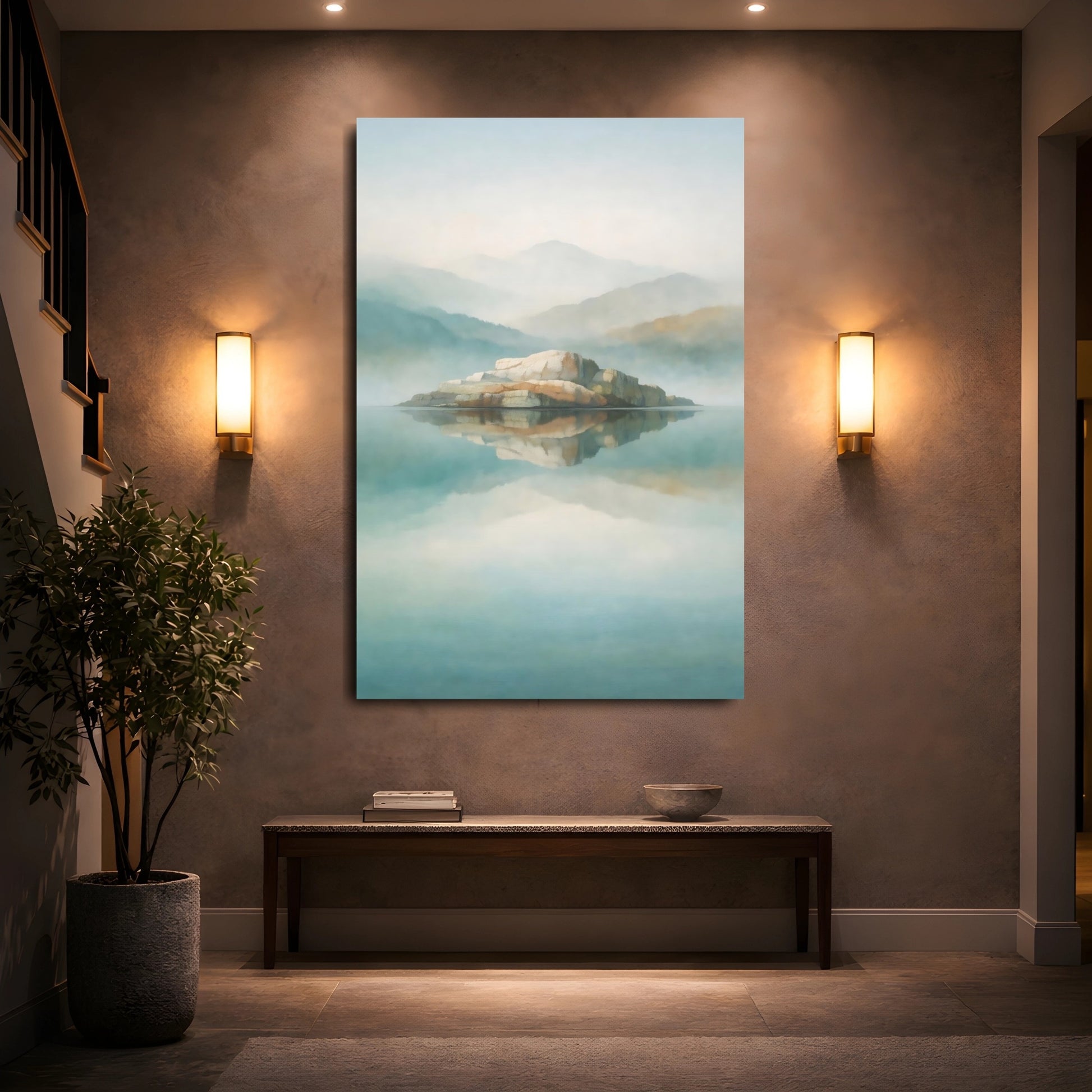 Nature Rock Island Misty Island Lake shown as front canvas room wall art