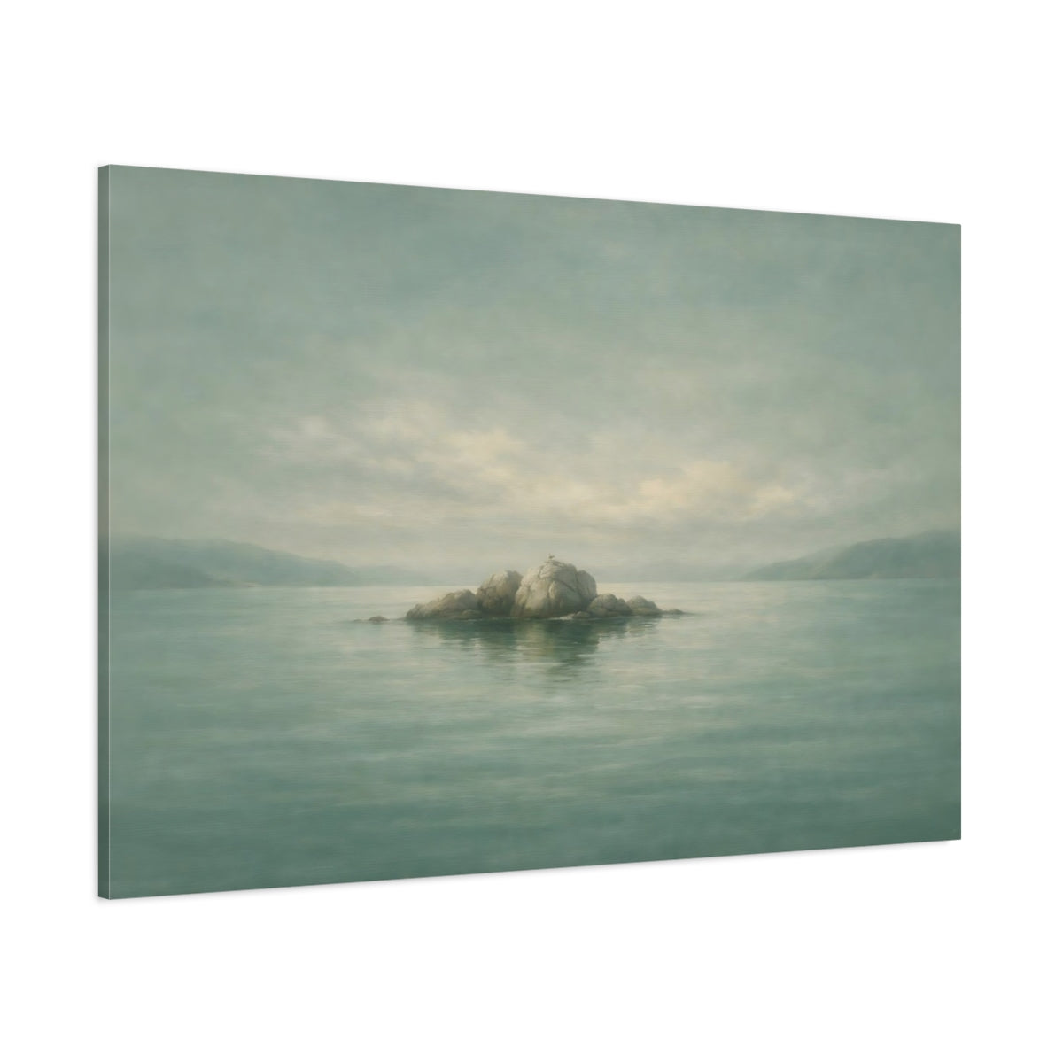 Main Mockup. Nature Rock Island Misty Teal Landscape shown as stretched canvas wall art
