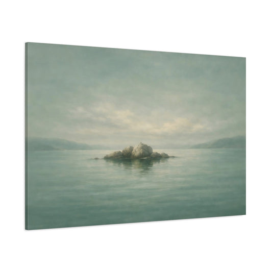 Main Mockup. Nature Rock Island Misty Teal Landscape shown as stretched canvas wall art