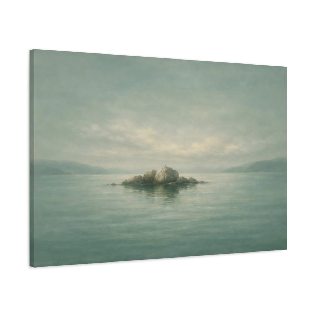 Side Mockup 1. Nature Rock Island Misty Teal Landscape shown as stretched canvas wall art