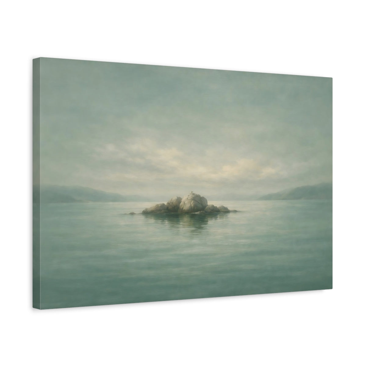 Side Mockup 3. Nature Rock Island Misty Teal Landscape shown as stretched canvas wall art