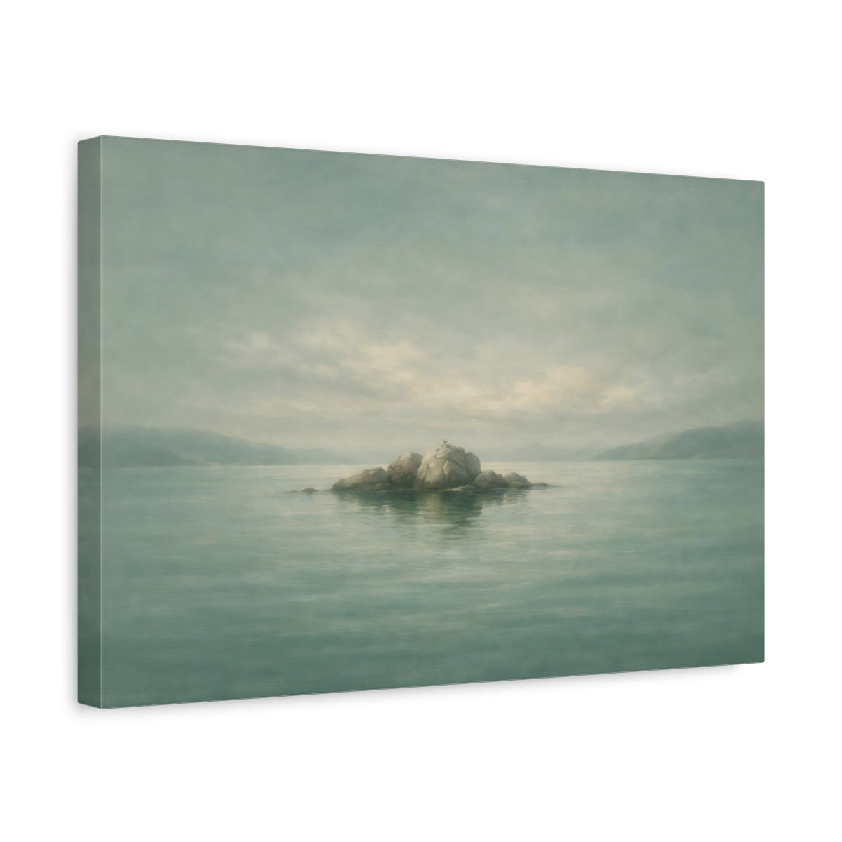 Side Mockup 4. Nature Rock Island Misty Teal Landscape shown as stretched canvas wall art