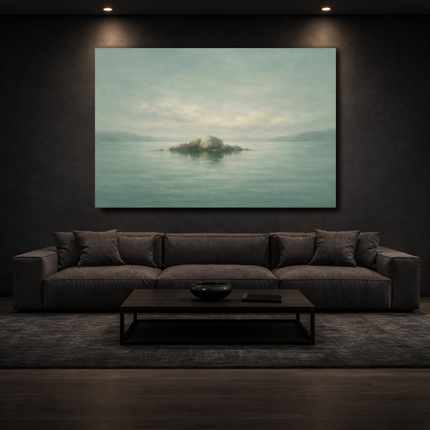 Mockup 2. Nature Rock Island Misty Teal Landscape shown as stretched canvas wall art