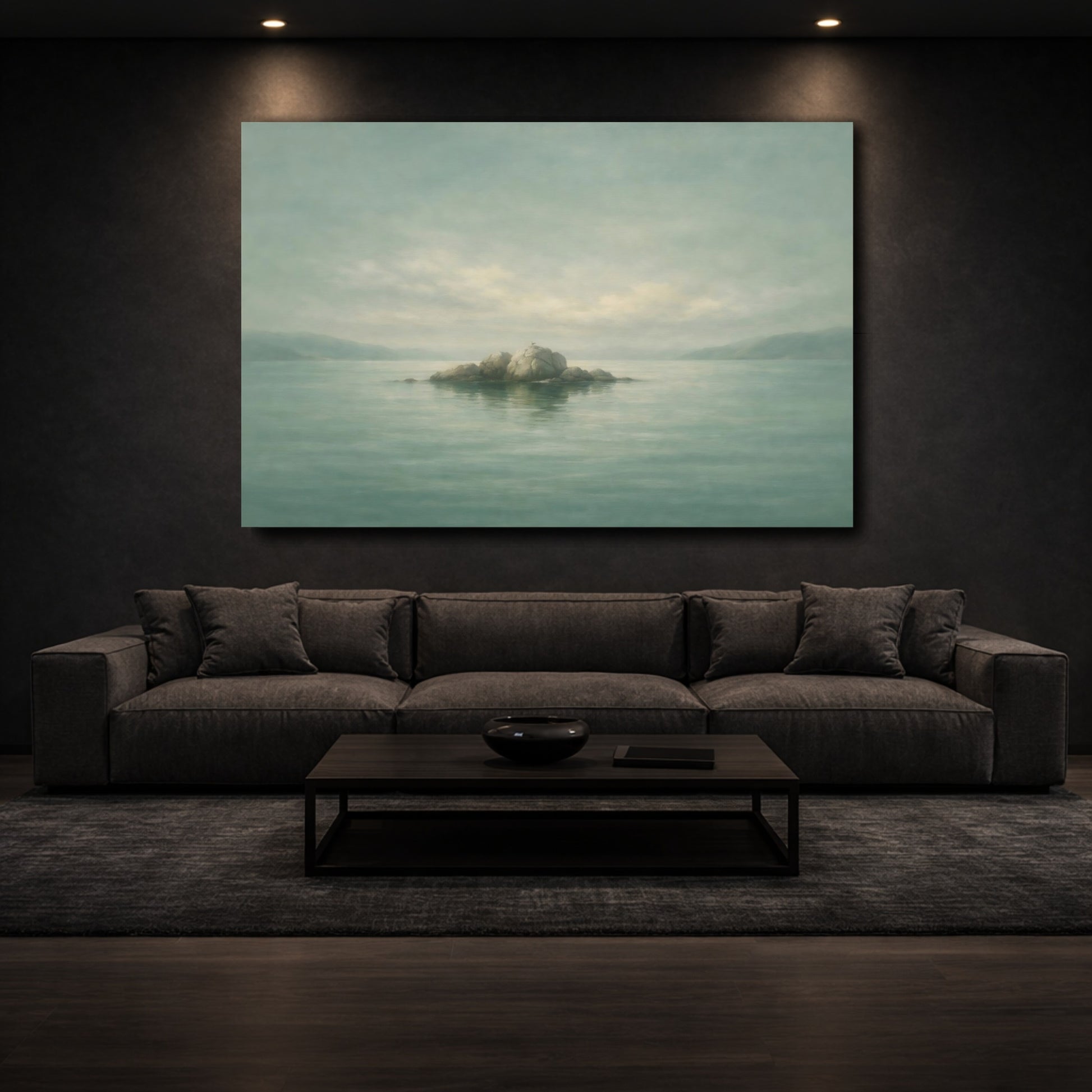 Mockup 2. Nature Rock Island Misty Teal Landscape shown as stretched canvas wall art