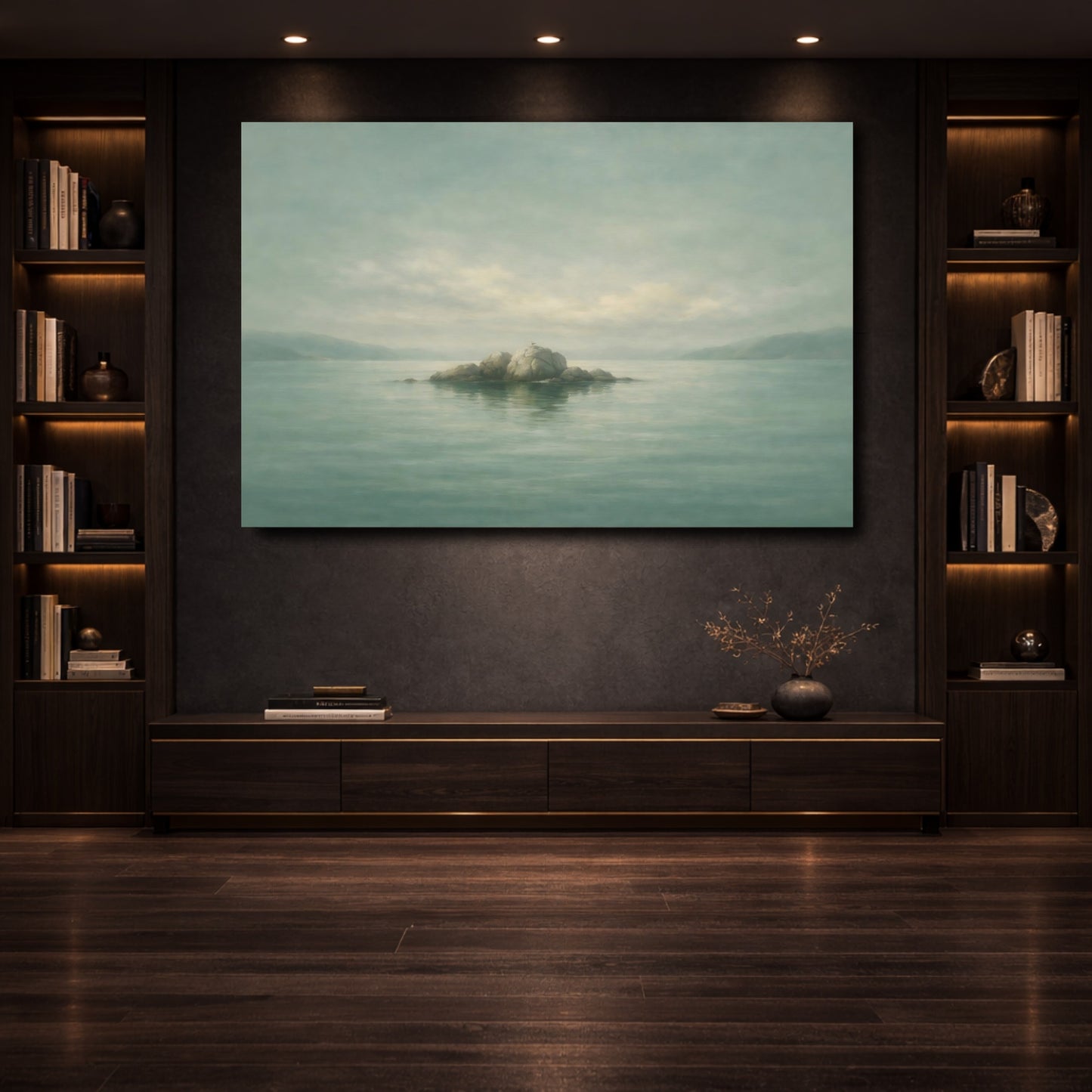 Mockup 3. Nature Rock Island Misty Teal Landscape shown as stretched canvas wall art
