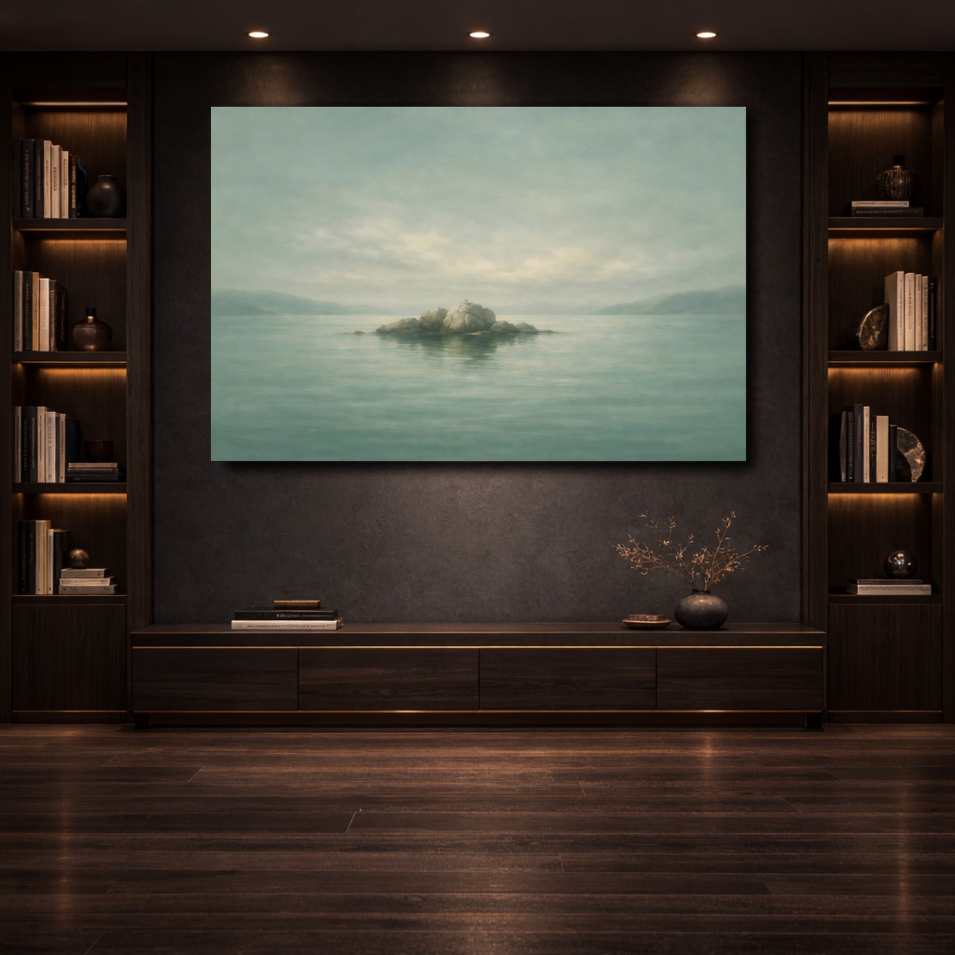 Mockup 3. Nature Rock Island Misty Teal Landscape shown as stretched canvas wall art
