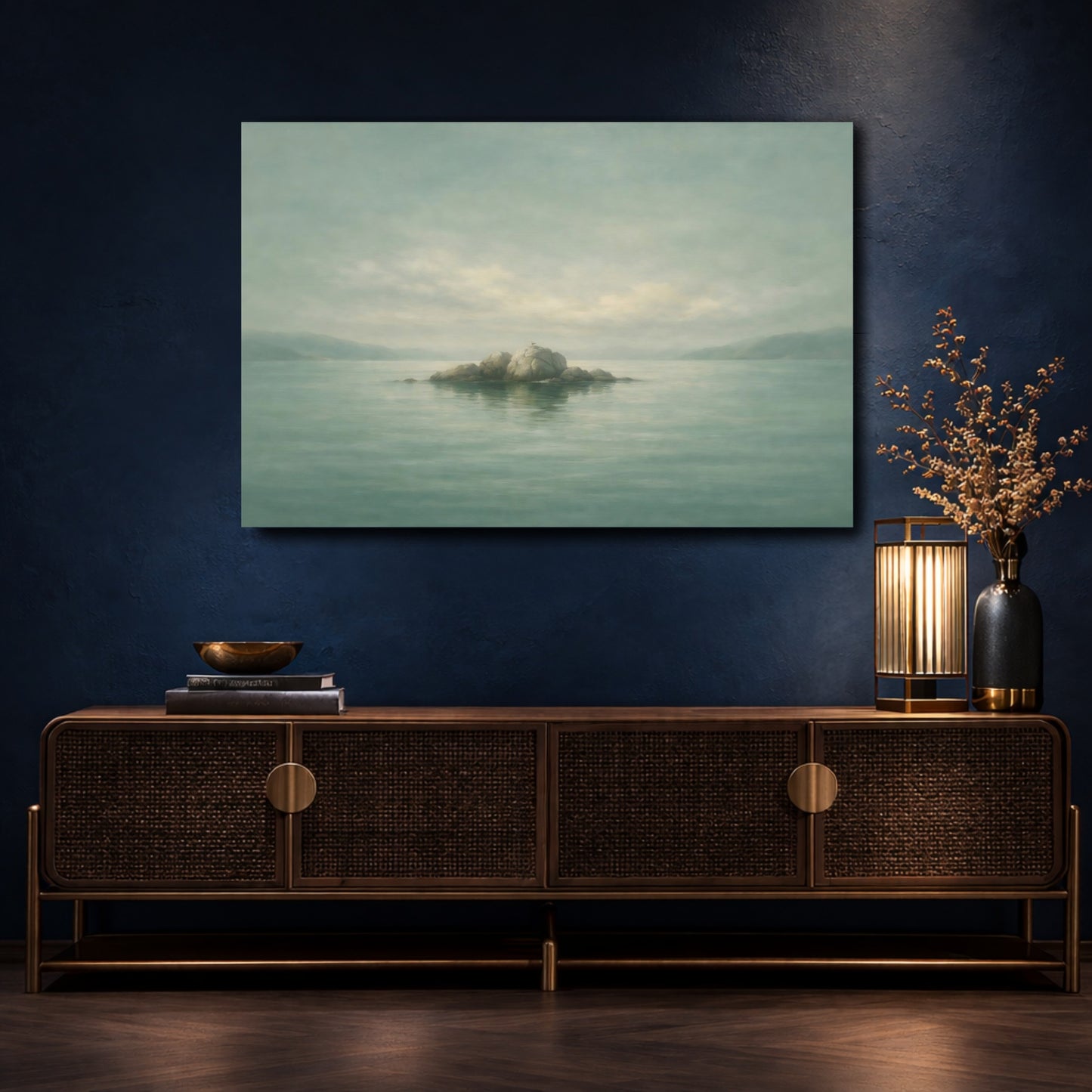 Mockup 4. Nature Rock Island Misty Teal Landscape shown as stretched canvas wall art