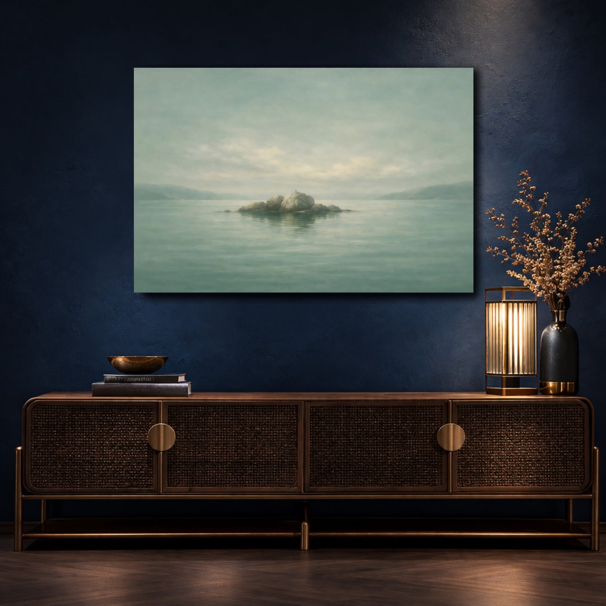 Mockup 4. Nature Rock Island Misty Teal Landscape shown as stretched canvas wall art