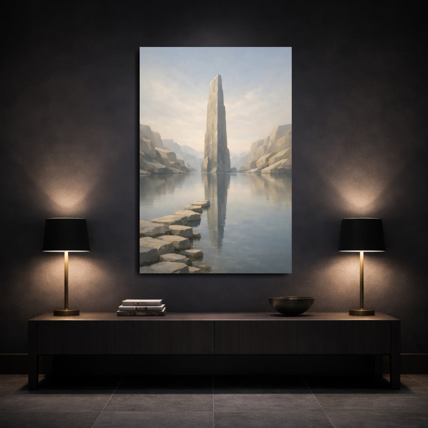 Mockup 2. Nature Rock Monolith Misty Landscape shown as stretched canvas wall art