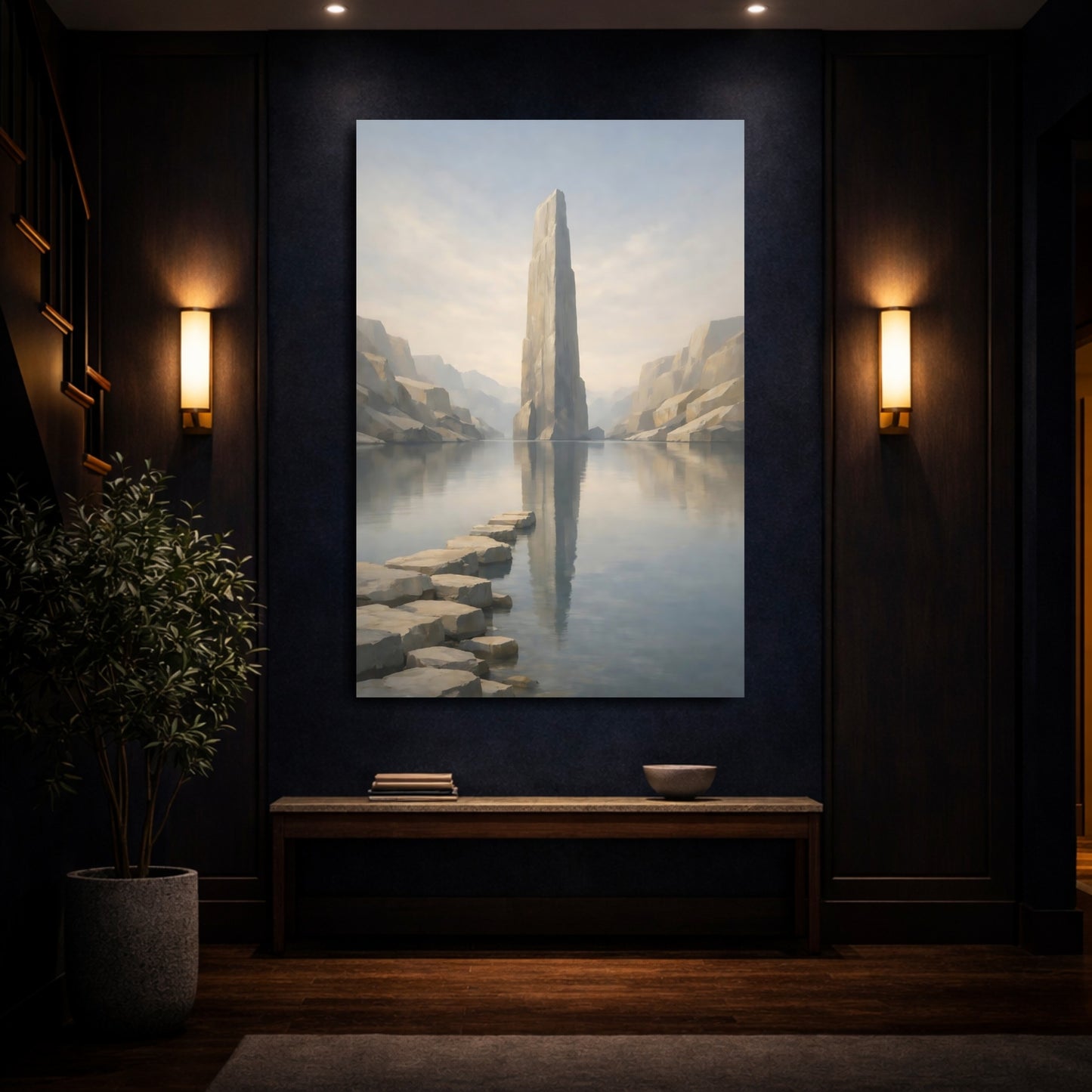 Mockup 3. Nature Rock Monolith Misty Landscape shown as stretched canvas wall art