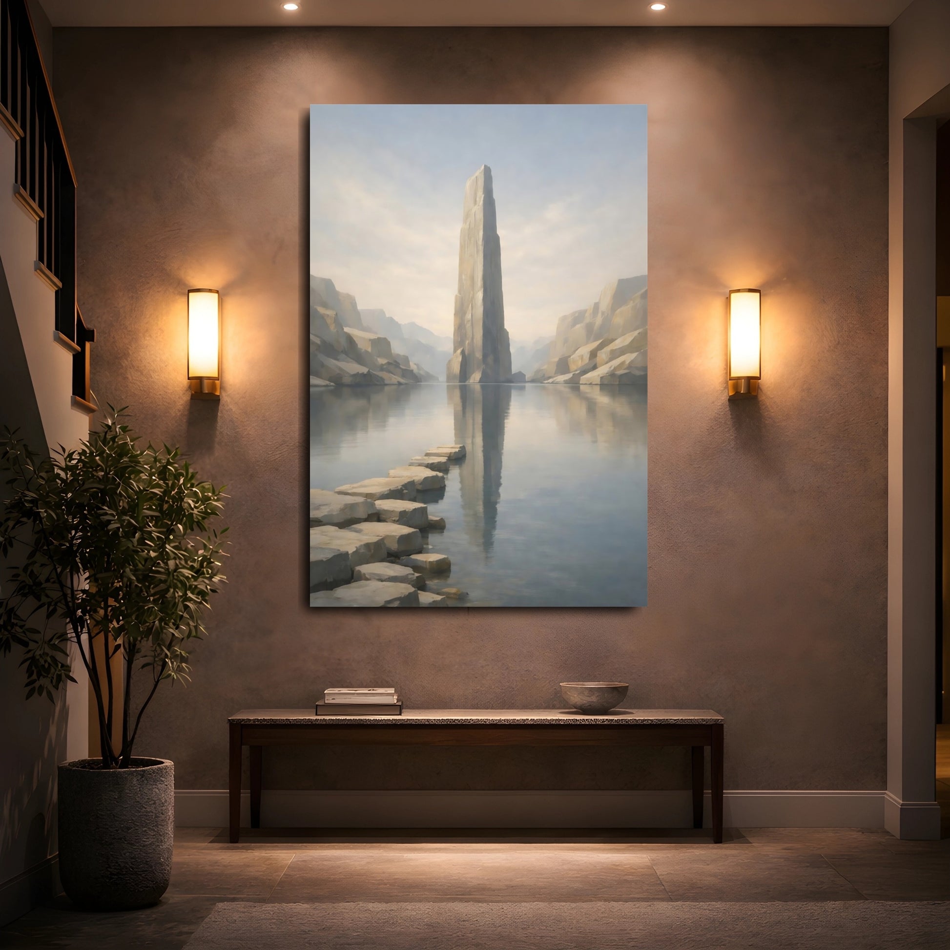 Mockup 4. Nature Rock Monolith Misty Landscape shown as stretched canvas wall art