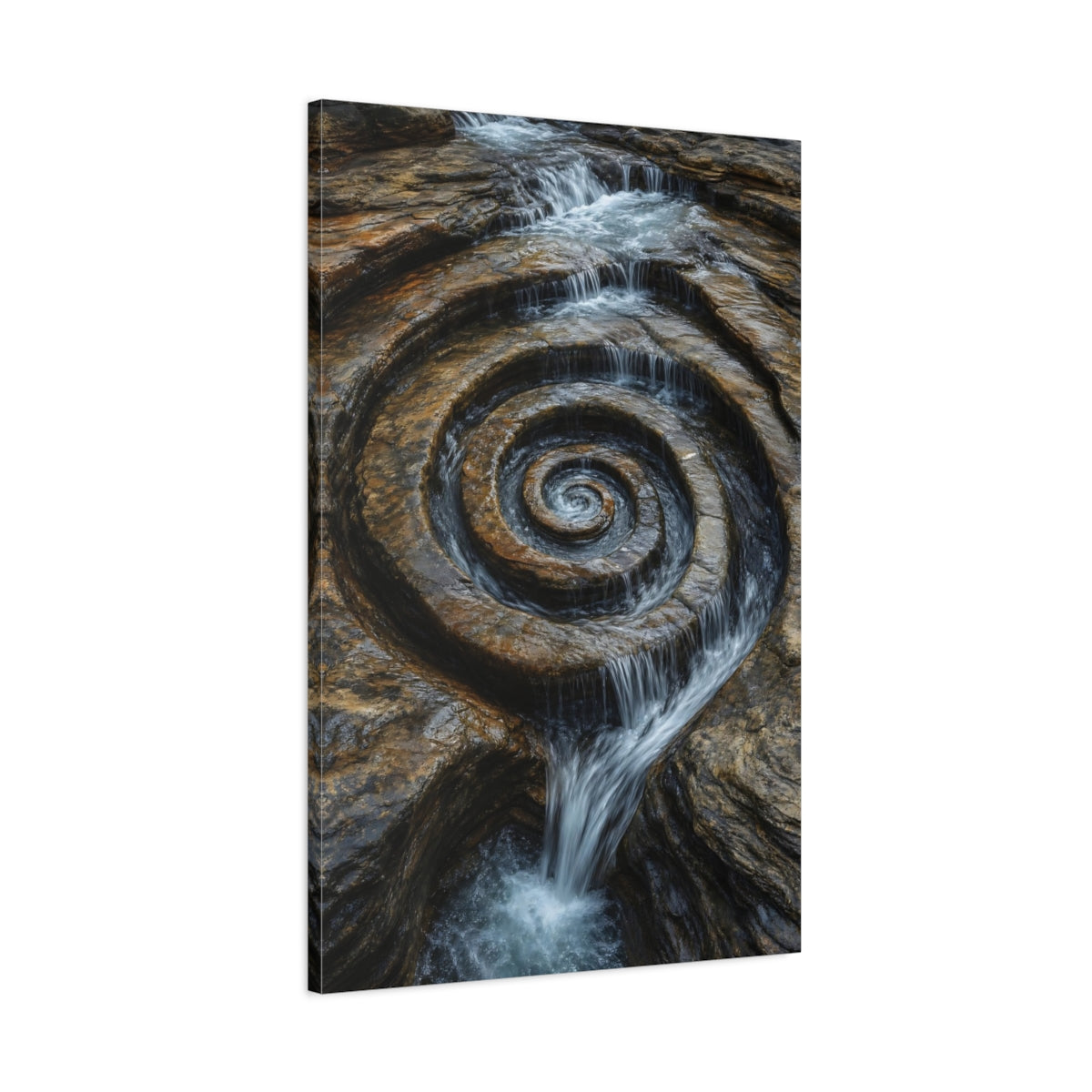 Main Mockup. Nature Rock Spiral Brown And Blue shown as stretched canvas wall art