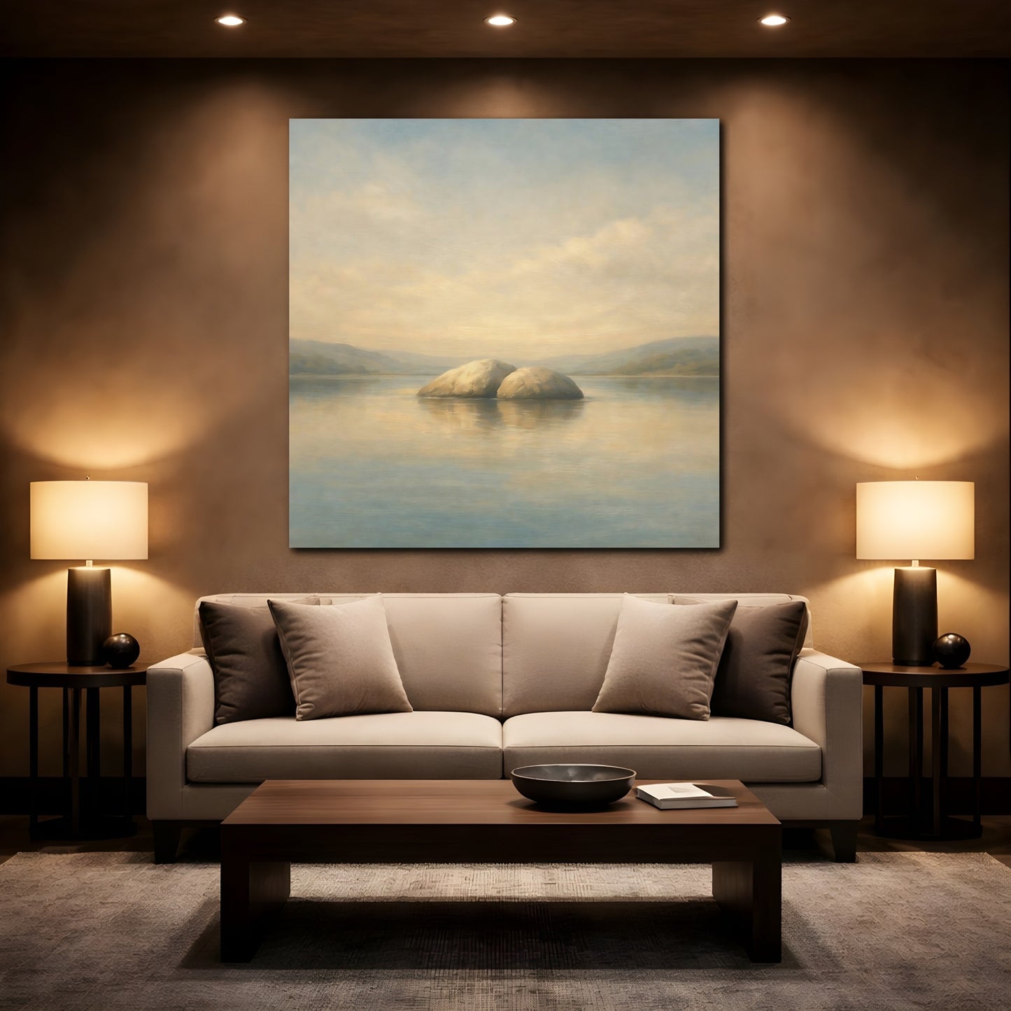 Mockup 2. Nature Rocks Blue Beige Landscape shown as stretched canvas wall art