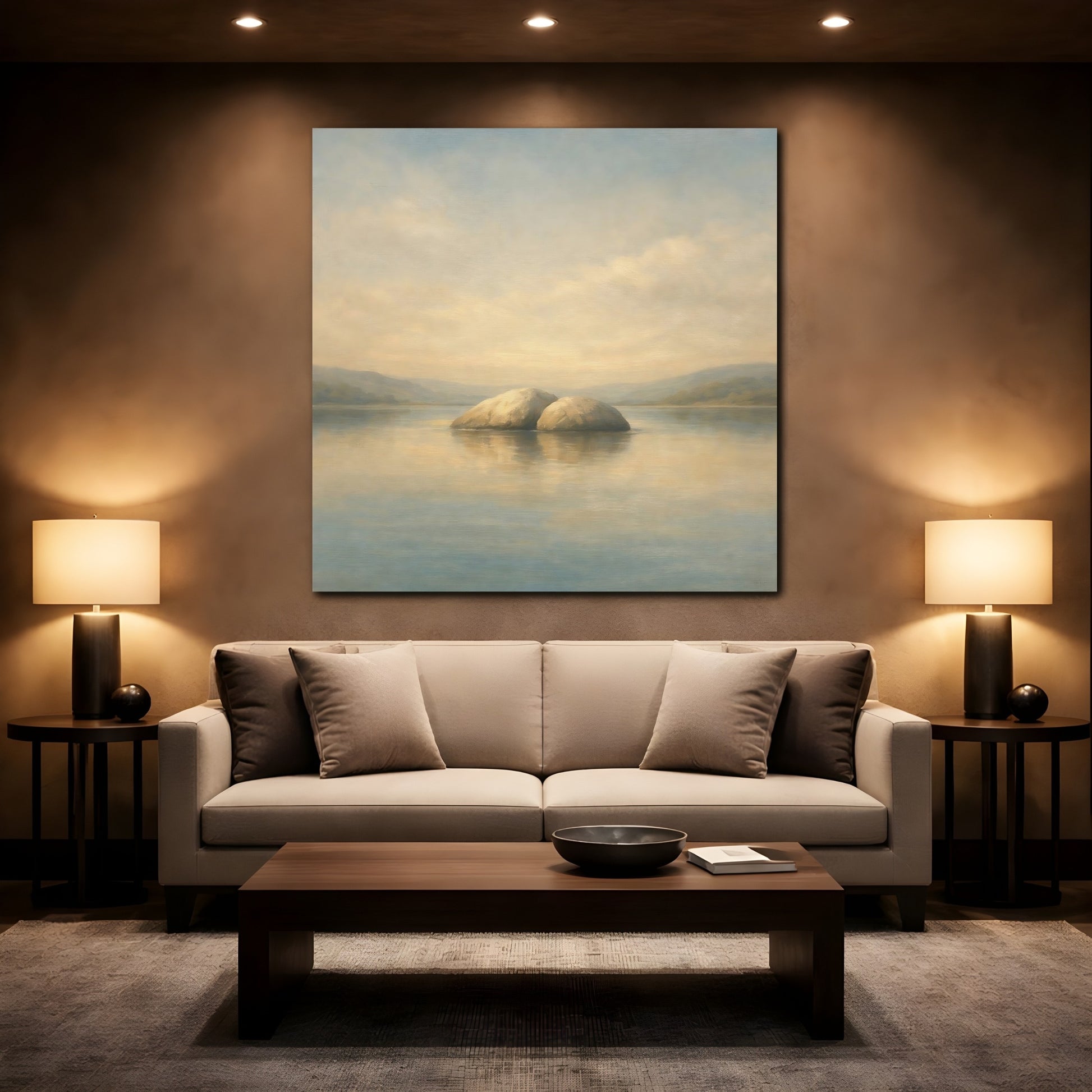 Mockup 2. Nature Rocks Blue Beige Landscape shown as stretched canvas wall art