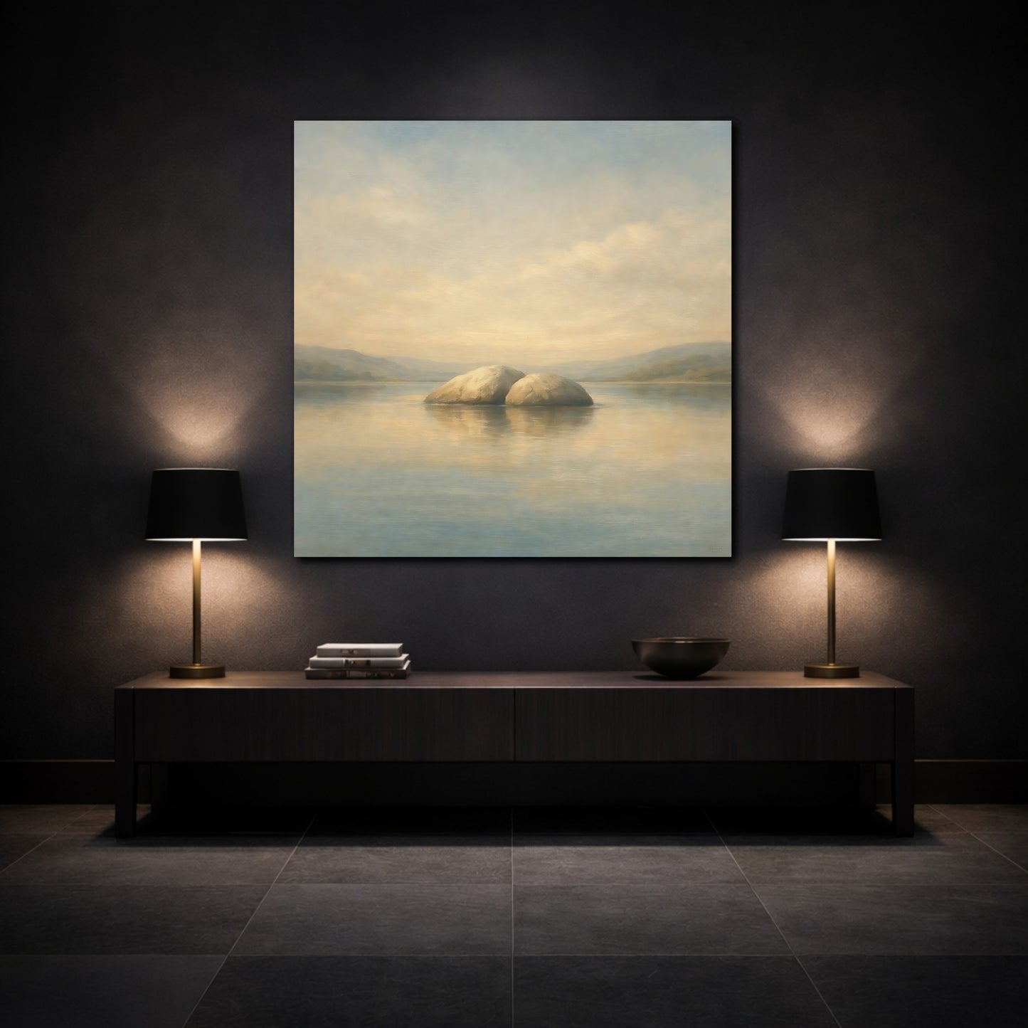 Mockup 3. Nature Rocks Blue Beige Landscape shown as stretched canvas wall art