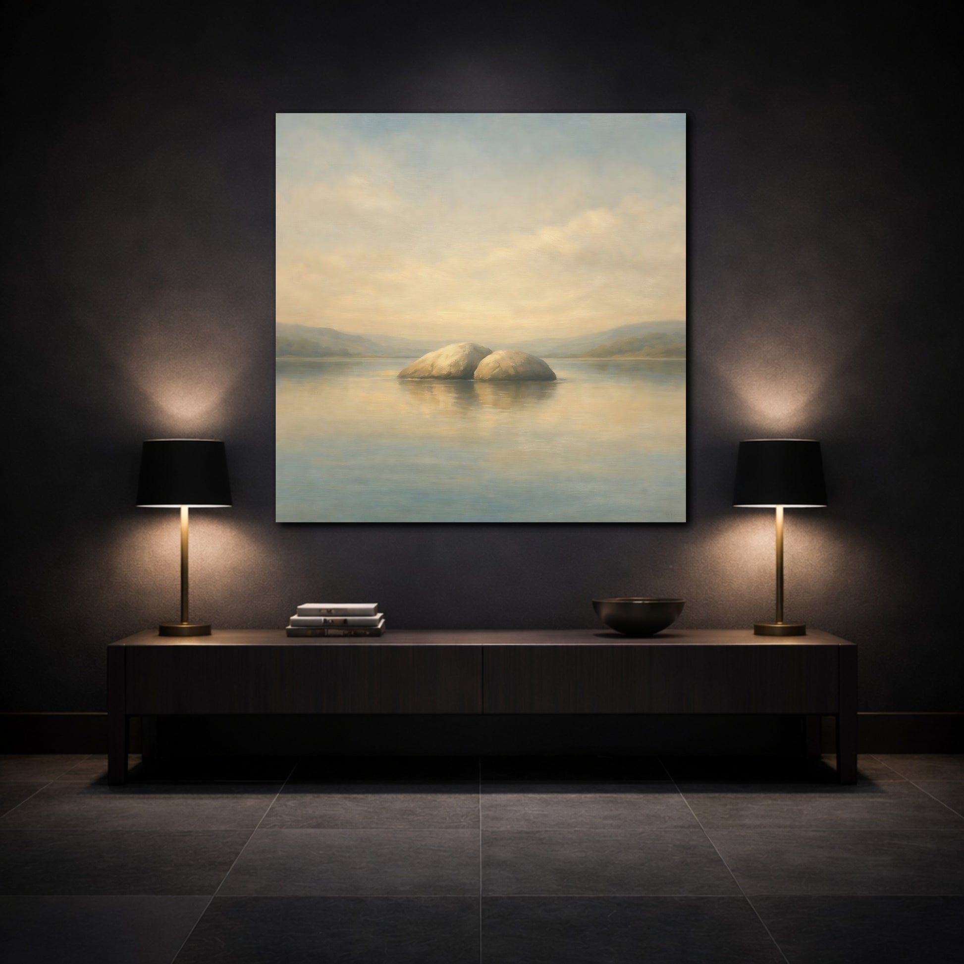 Mockup 3. Nature Rocks Blue Beige Landscape shown as stretched canvas wall art