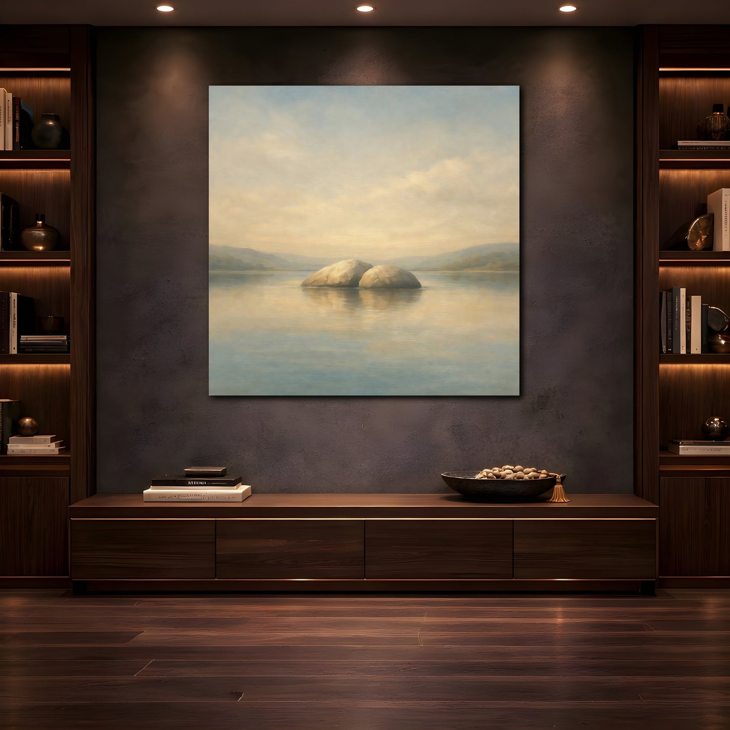 Mockup 4. Nature Rocks Blue Beige Landscape shown as stretched canvas wall art