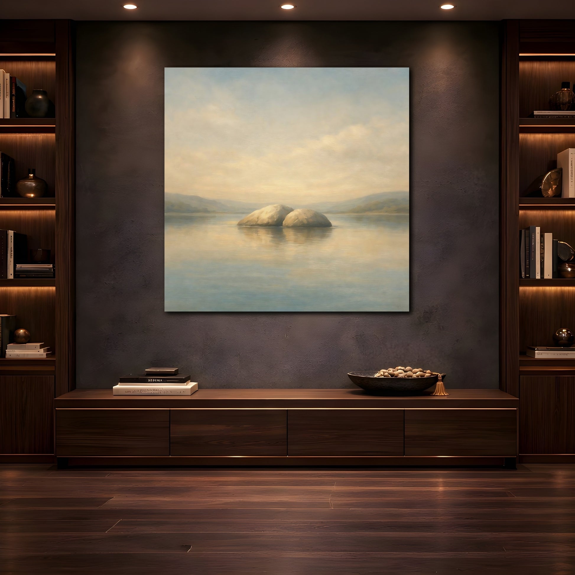 Mockup 4. Nature Rocks Blue Beige Landscape shown as stretched canvas wall art