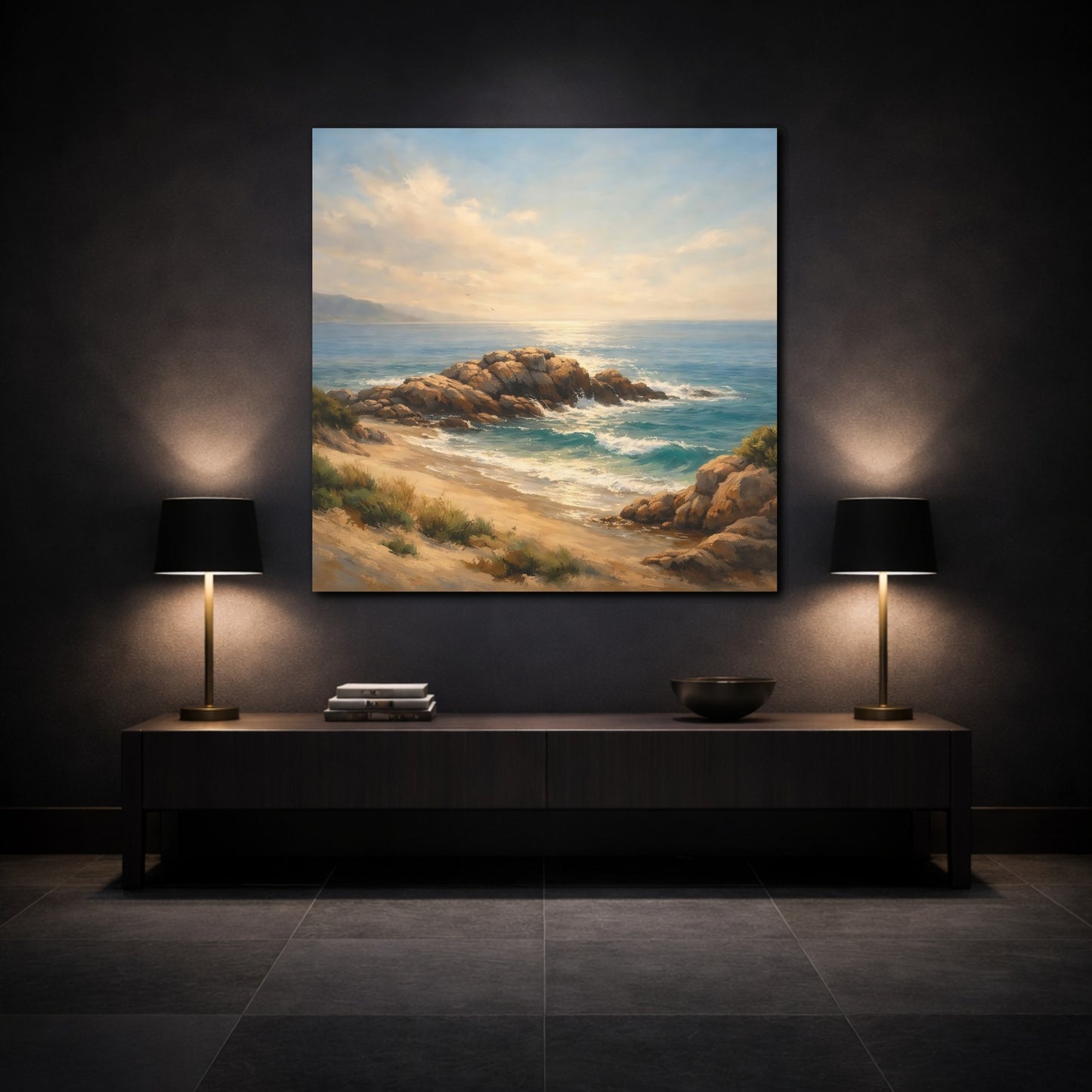 Mockup 3. Nature Rocky Beach Beach Landscape shown as stretched canvas wall art