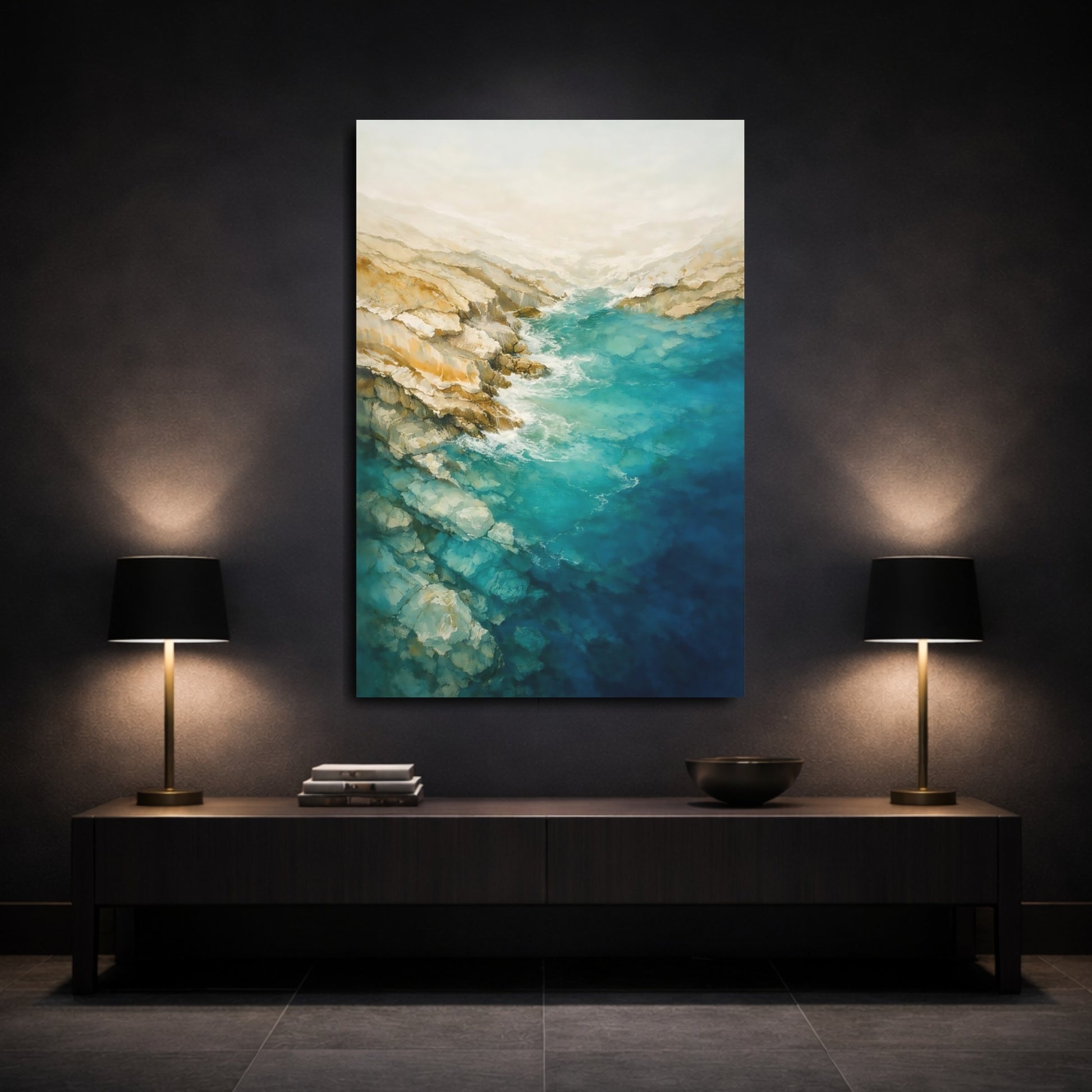 Nature Rocky Coast Turquoise And Tan shown as front canvas room wall art