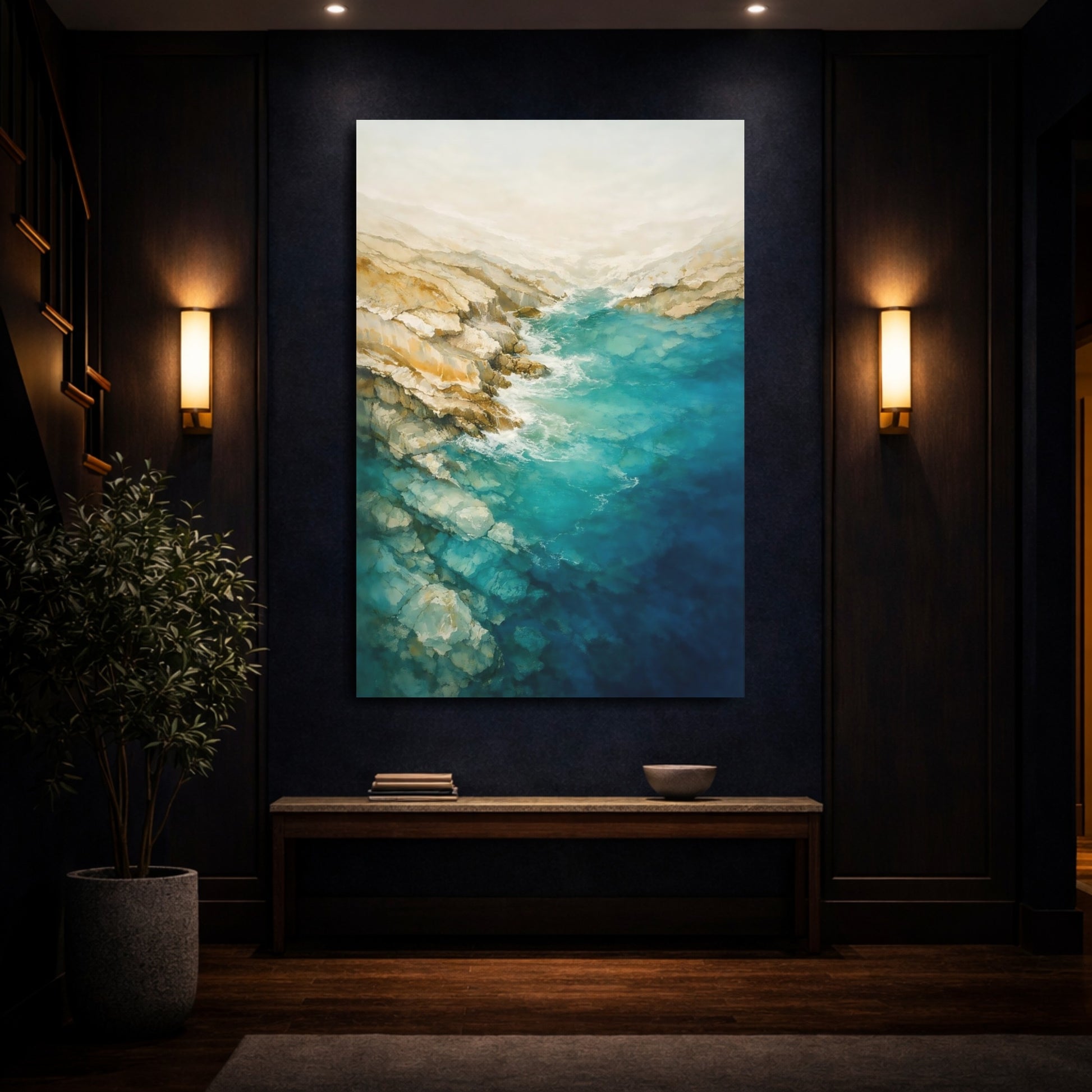 Nature Rocky Coast Turquoise And Tan shown as front canvas room wall art